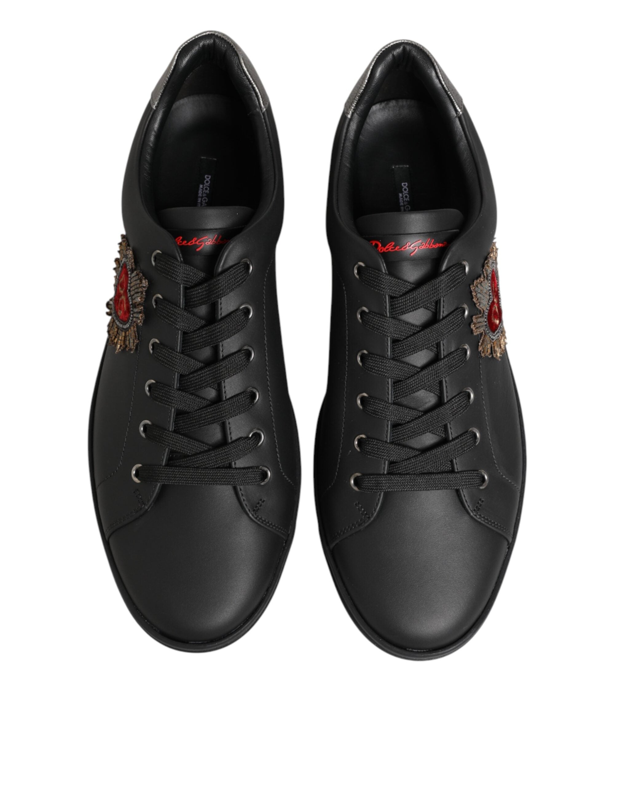 Black Leather Heart Embellished Sneakers Shoes - ventzia