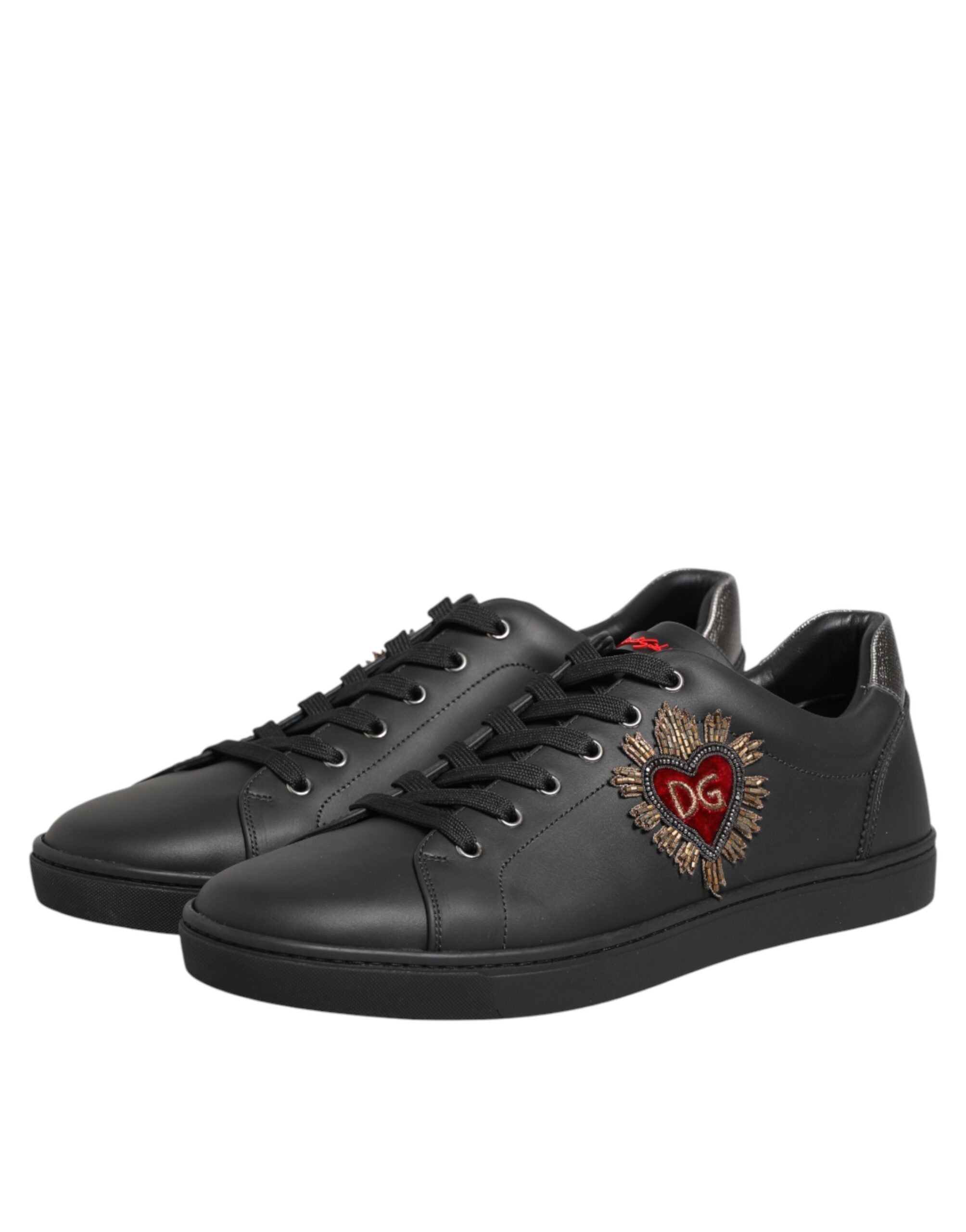Black Leather Heart Embellished Sneakers Shoes - ventzia