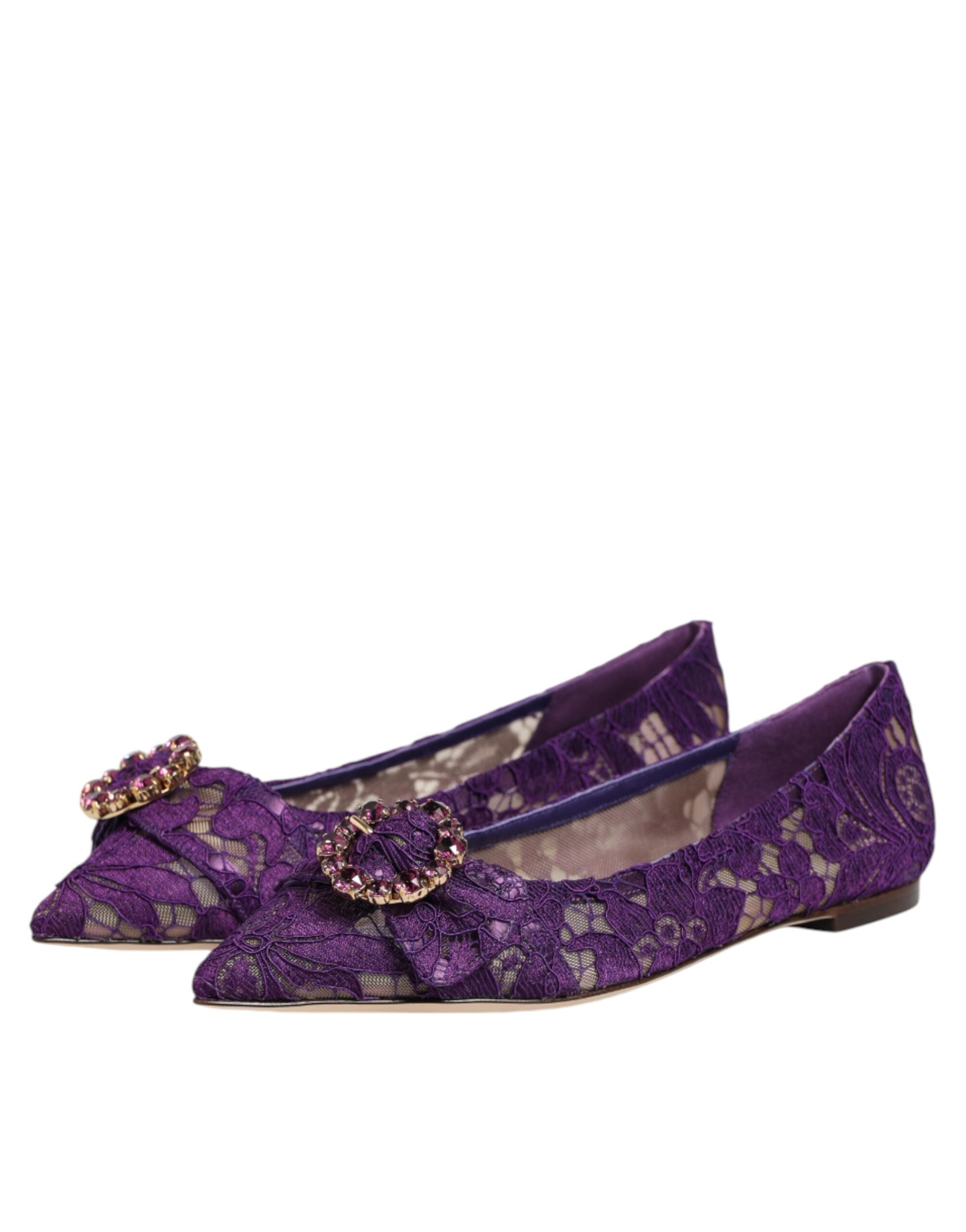 Purple Taormina Lace Crystals Flats Shoes - ventzia