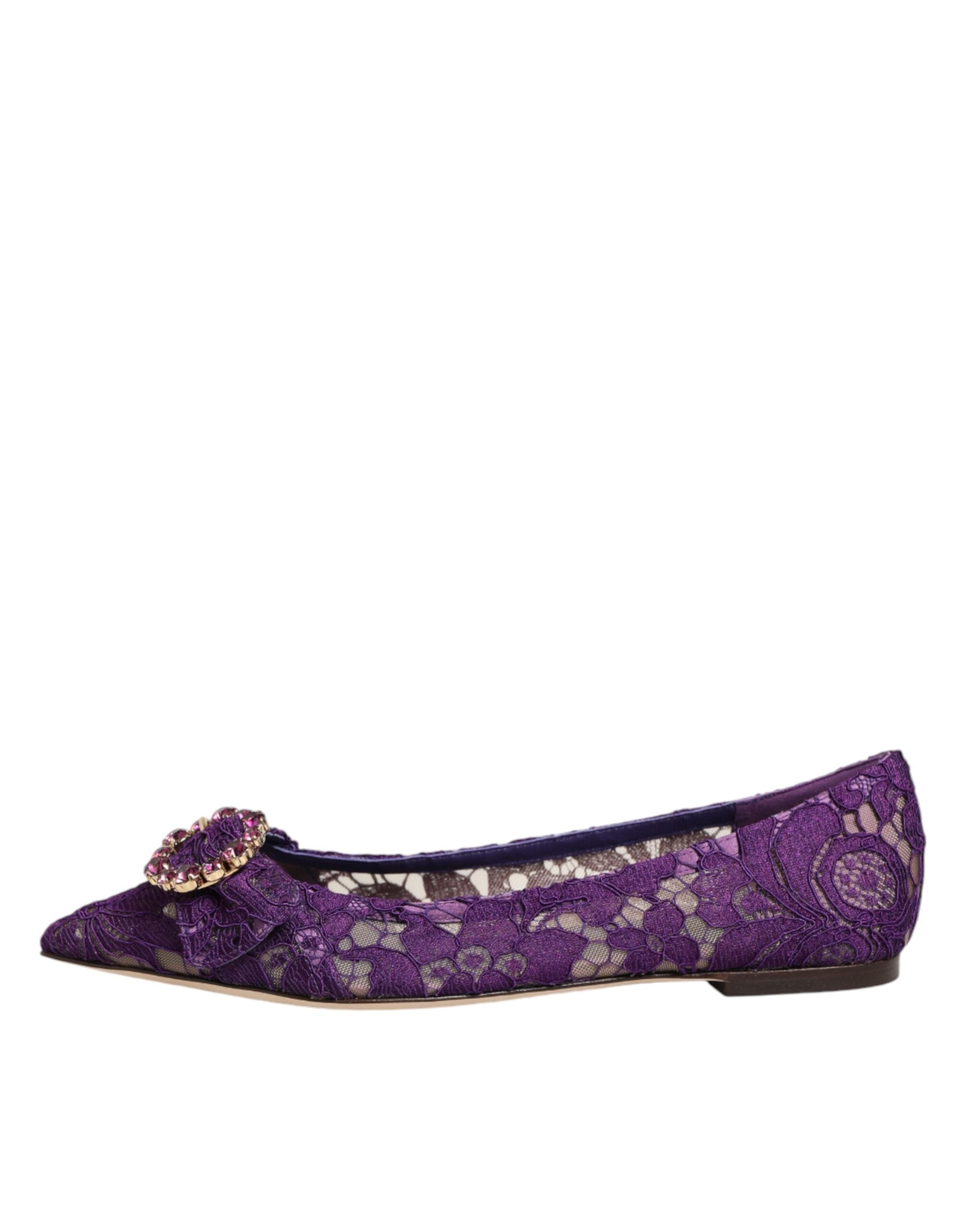 Purple Taormina Lace Crystals Flats Shoes - ventzia