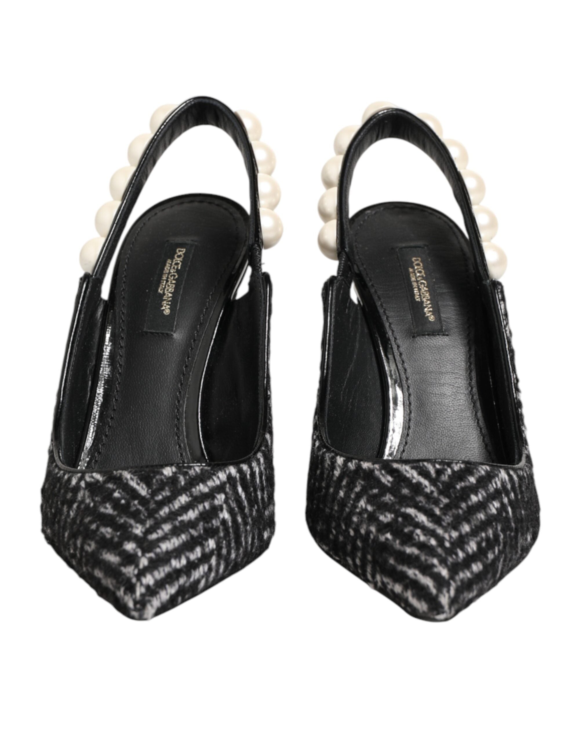 White Black Chevron Faux Pearl Slingbacks Shoes