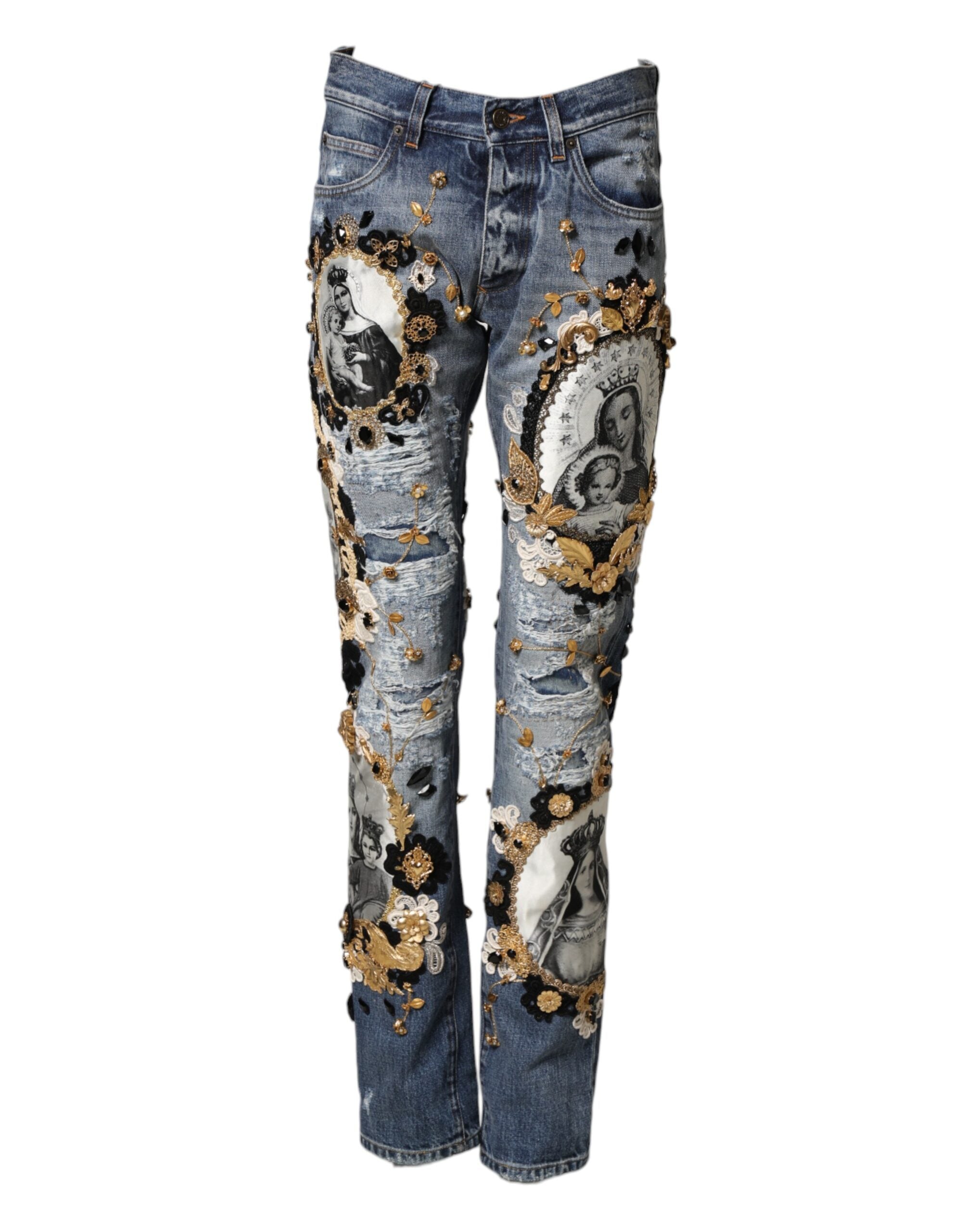 Blue Ripped Embellished Cotton Denim Jeans