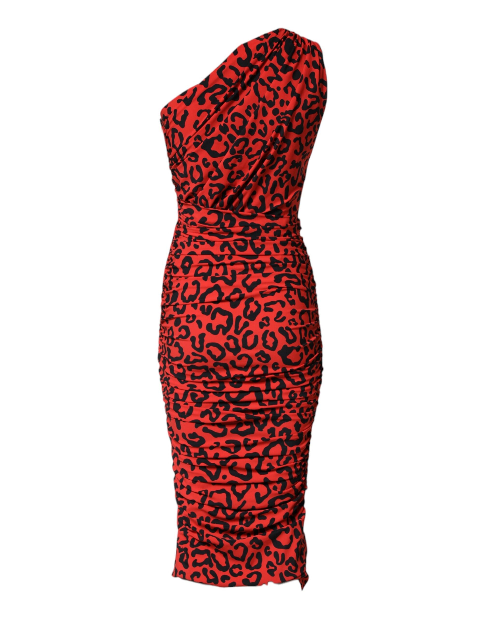 Red Leopard Print Nylon Sheath Midi Dress - ventzia