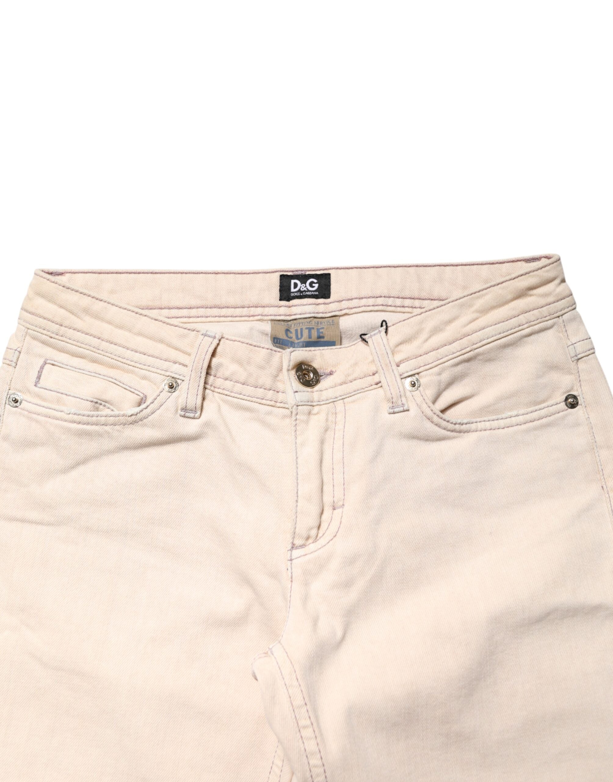 Beige Low Waist Cotton Slim Fit Denim Trousers Jeans - ventzia