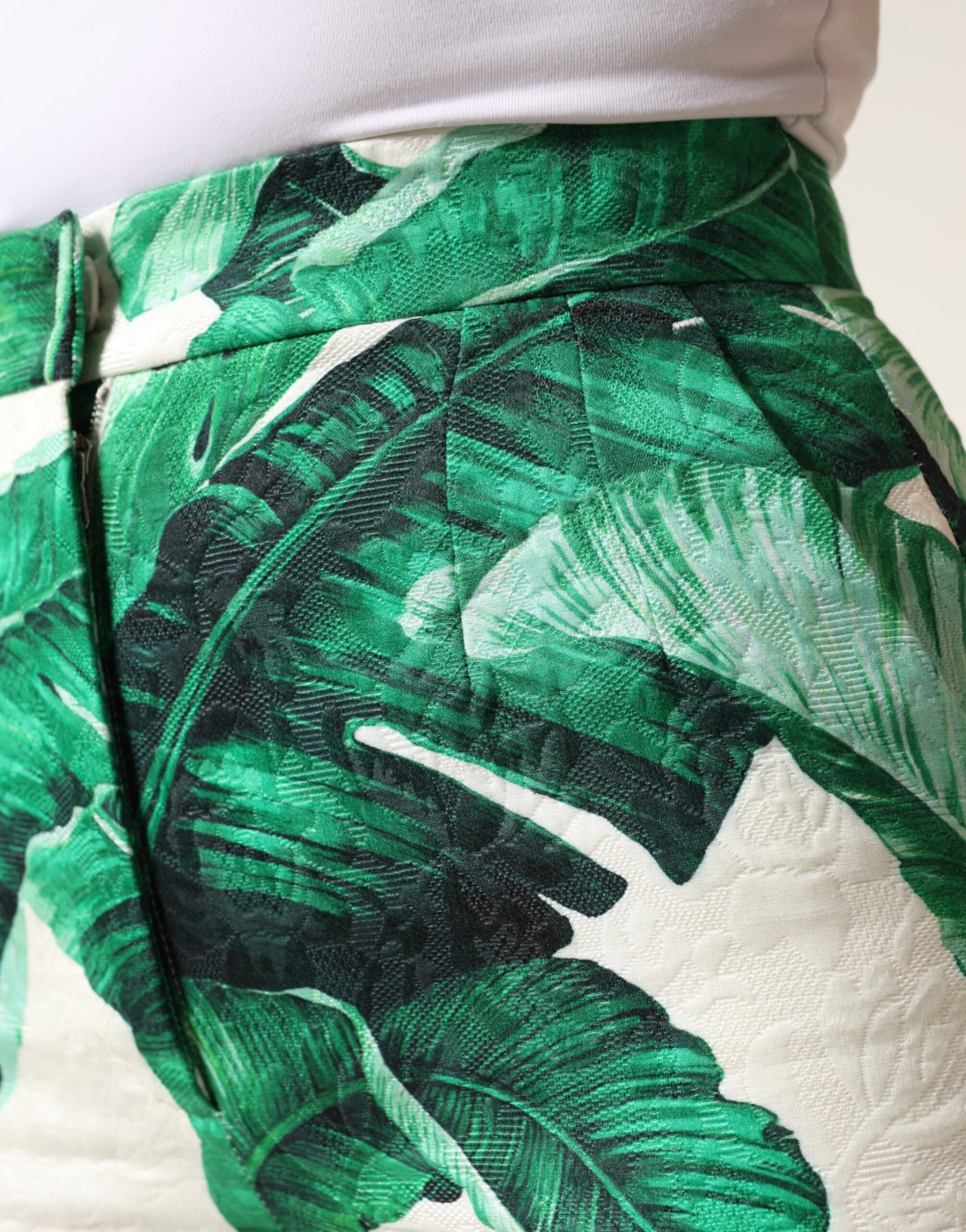 White Green Leaf High Waist Trousers Pants