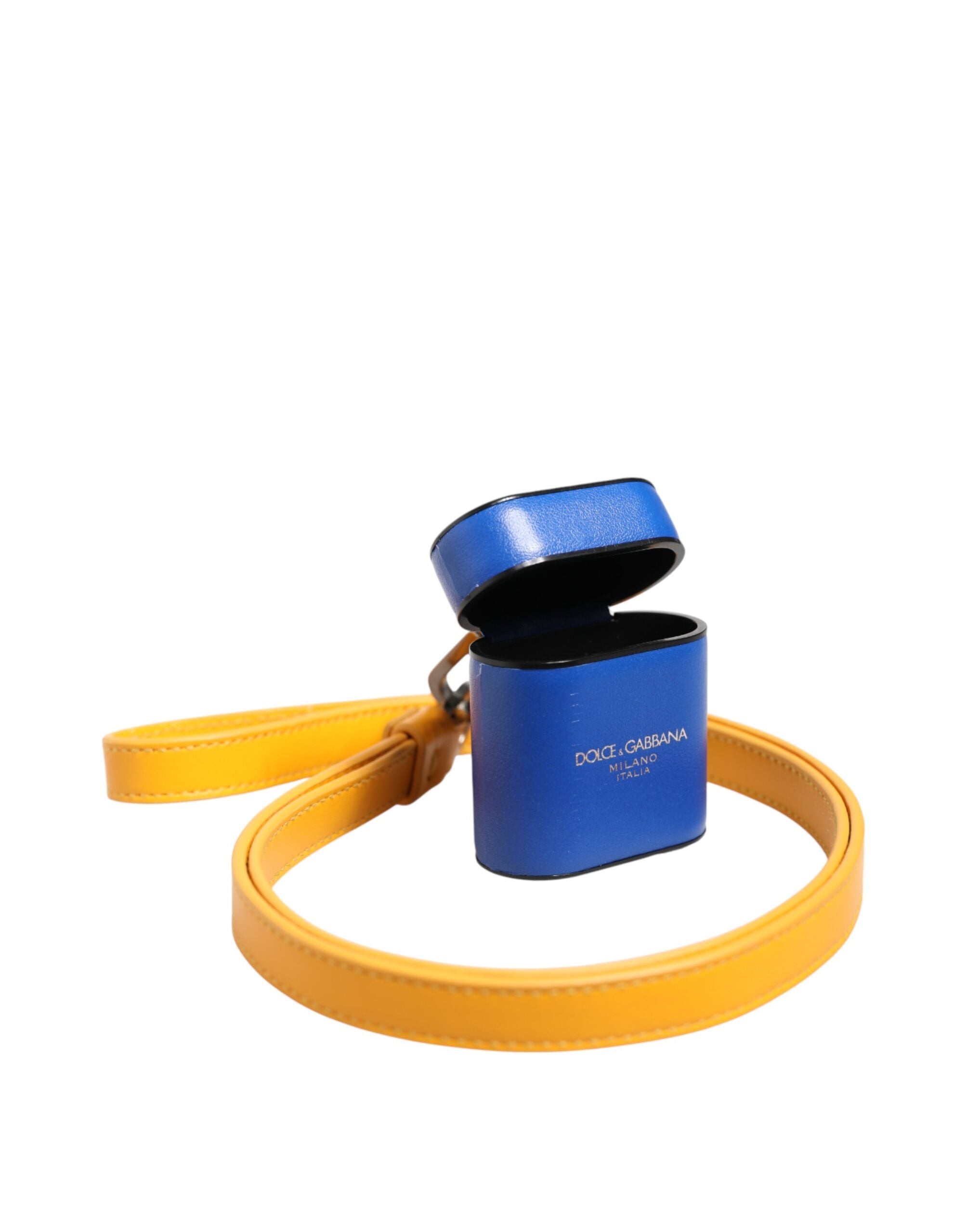 Blue Yellow Calfskin Leather Logo Strap Men Airpods Case - ventzia