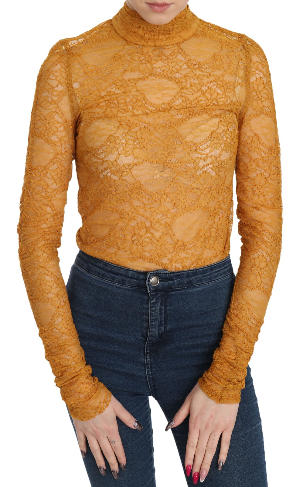 Mustard Turtle Neck Long Sleeve Lace Top Blouse
