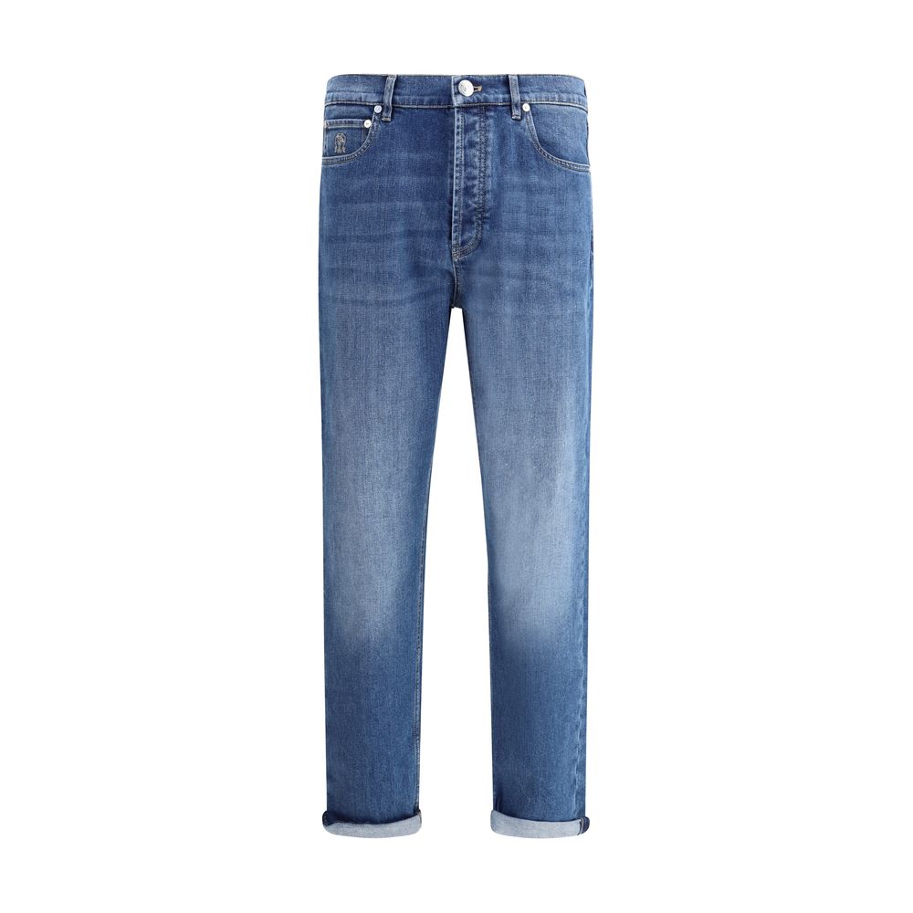 Blue Cotton Straight-Leg Jeans - ventzia