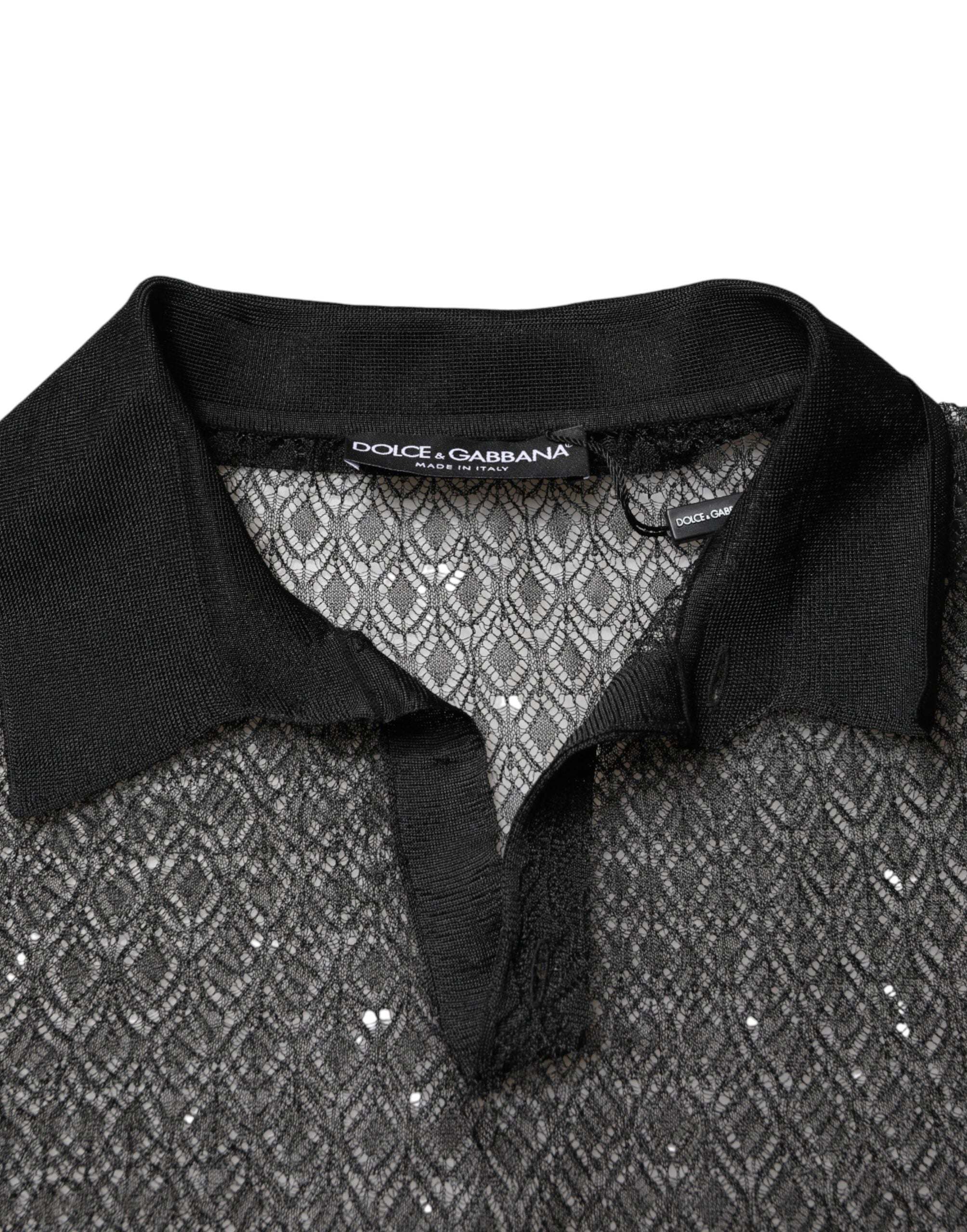 Black Sheer Short Sleeves Casual Polo Top
