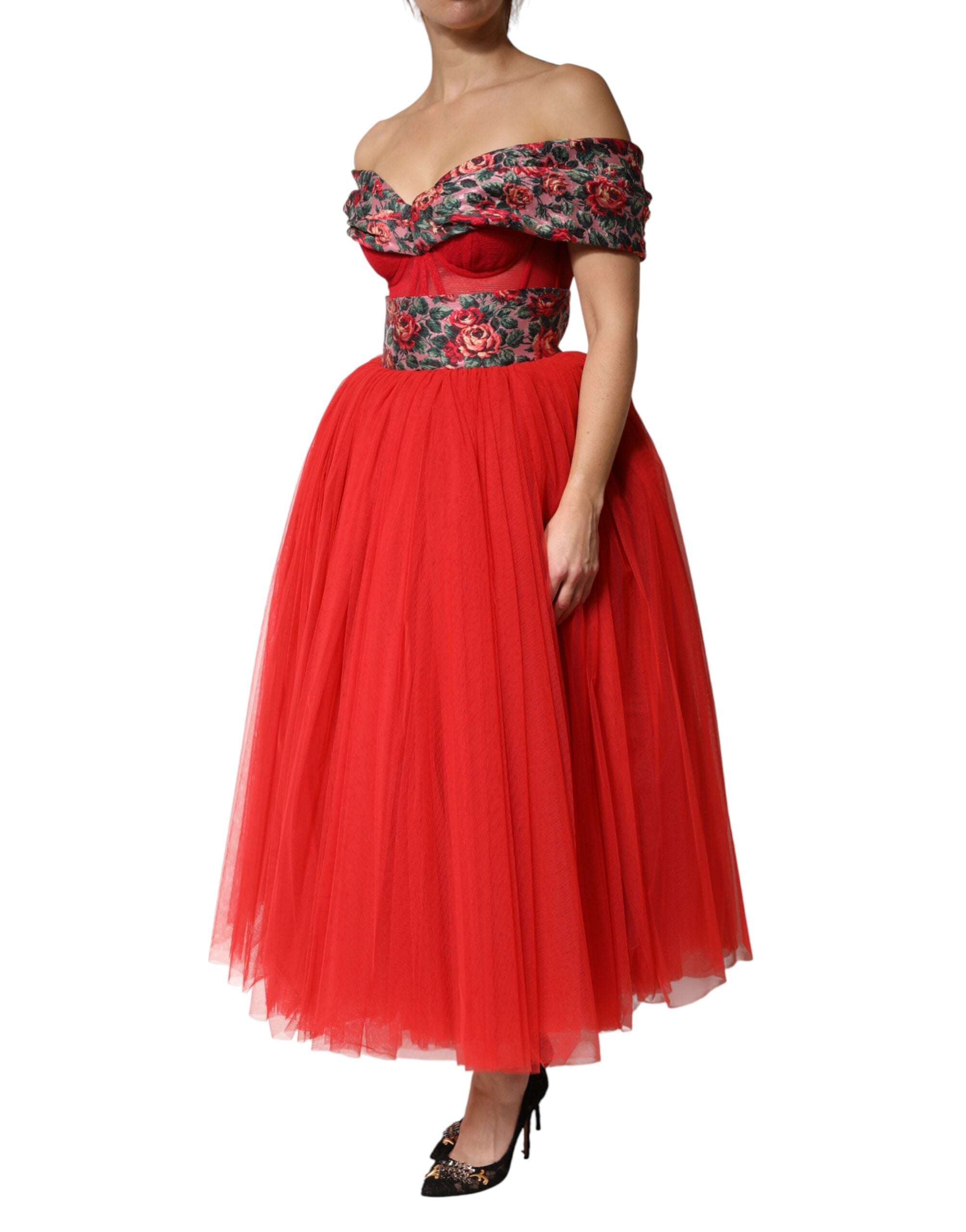 Red Floral Off Shoulder A-line Gown Dress - ventzia