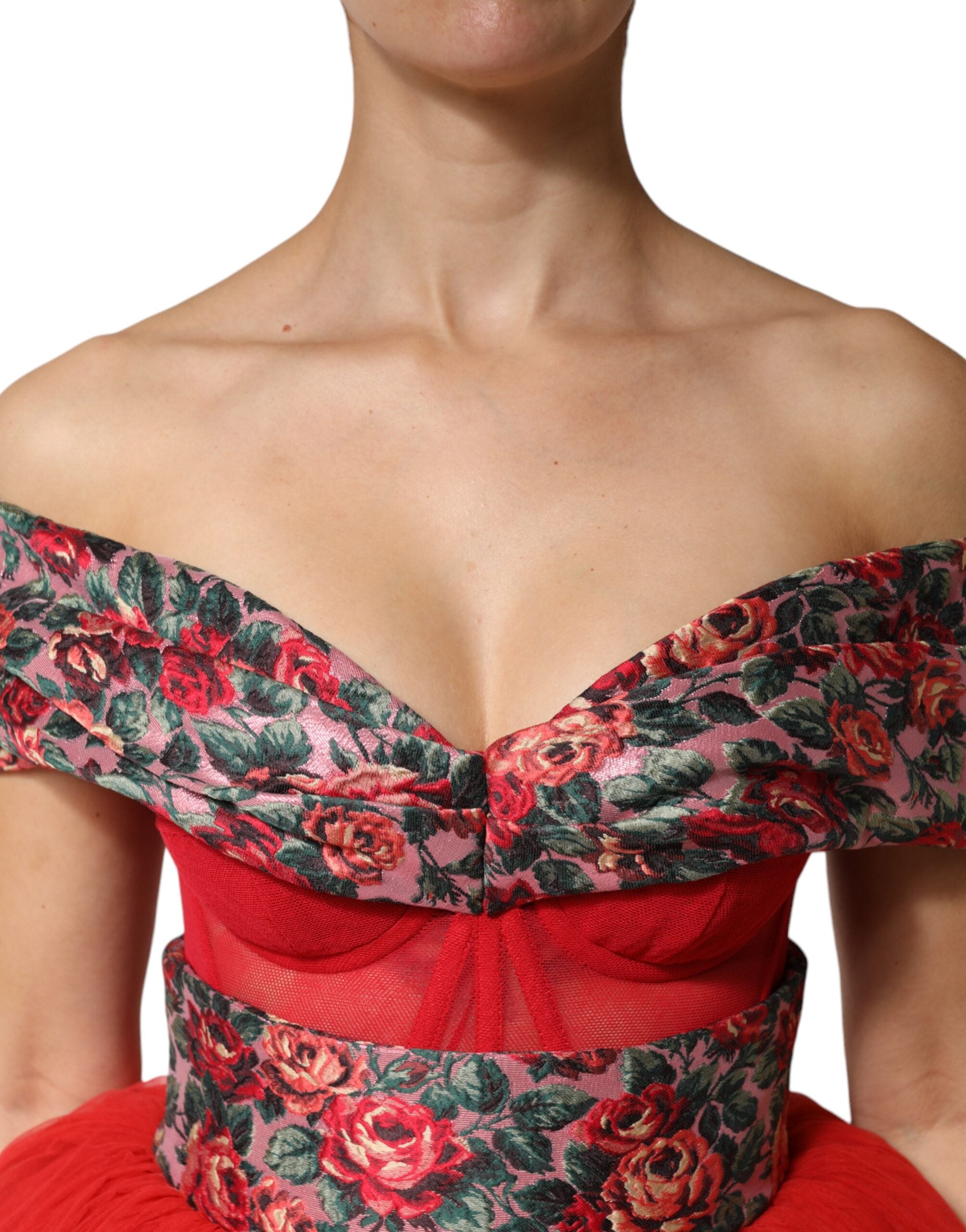 Red Floral Off Shoulder A-line Gown Dress - ventzia