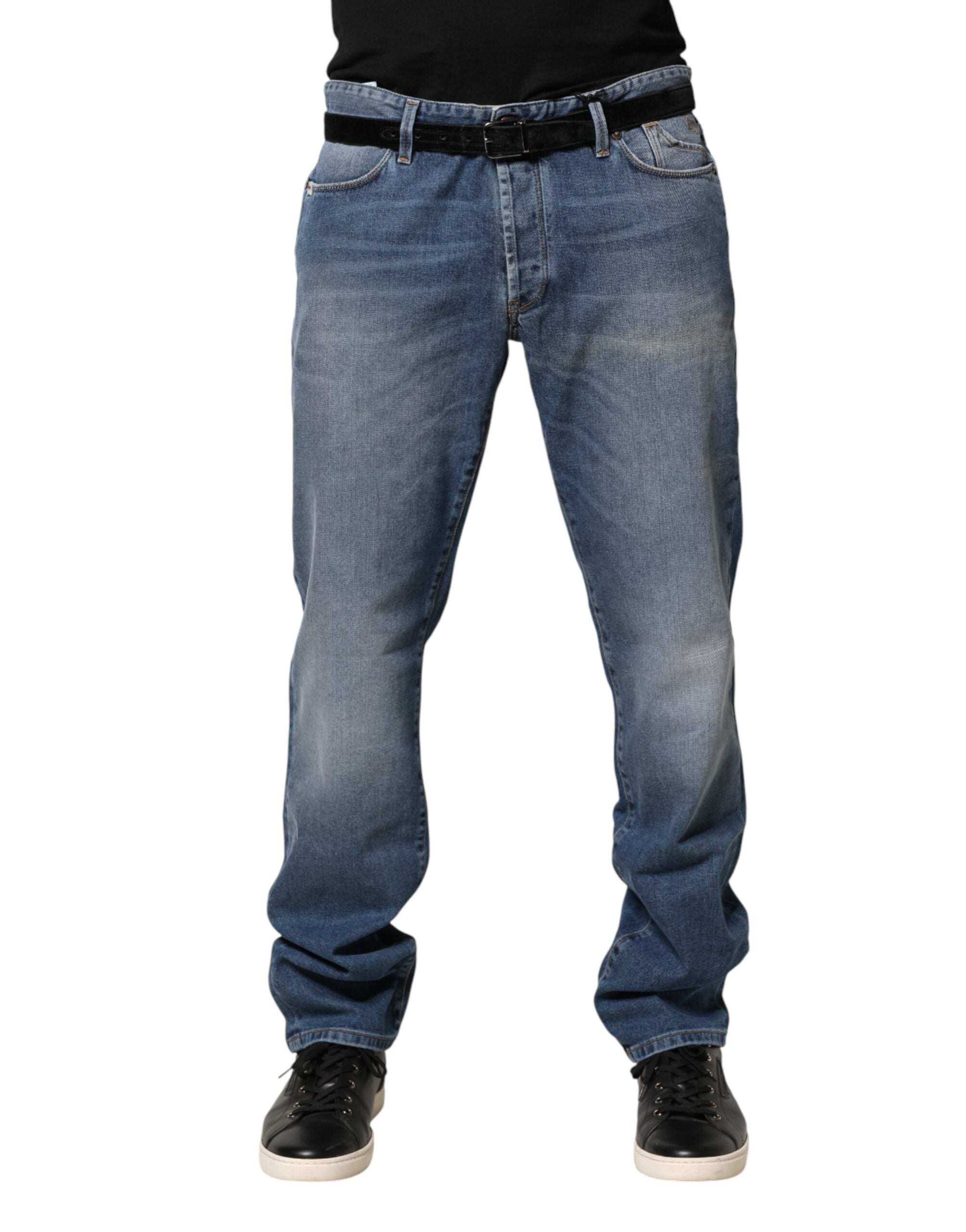 Blue Washed Mid Waist Straight Men Denim Trouser Jeans - ventzia