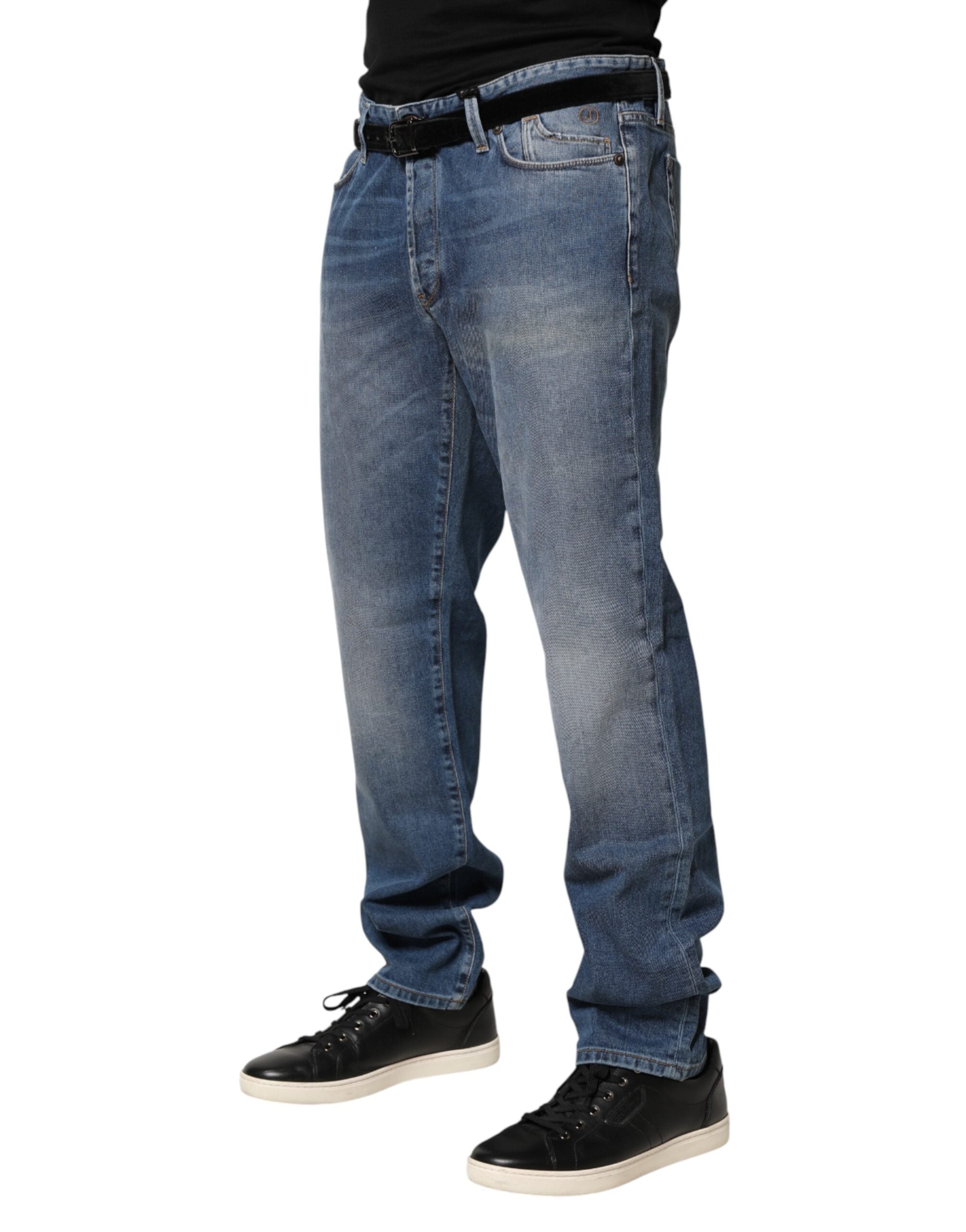 Blue Washed Mid Waist Straight Men Denim Trouser Jeans - ventzia