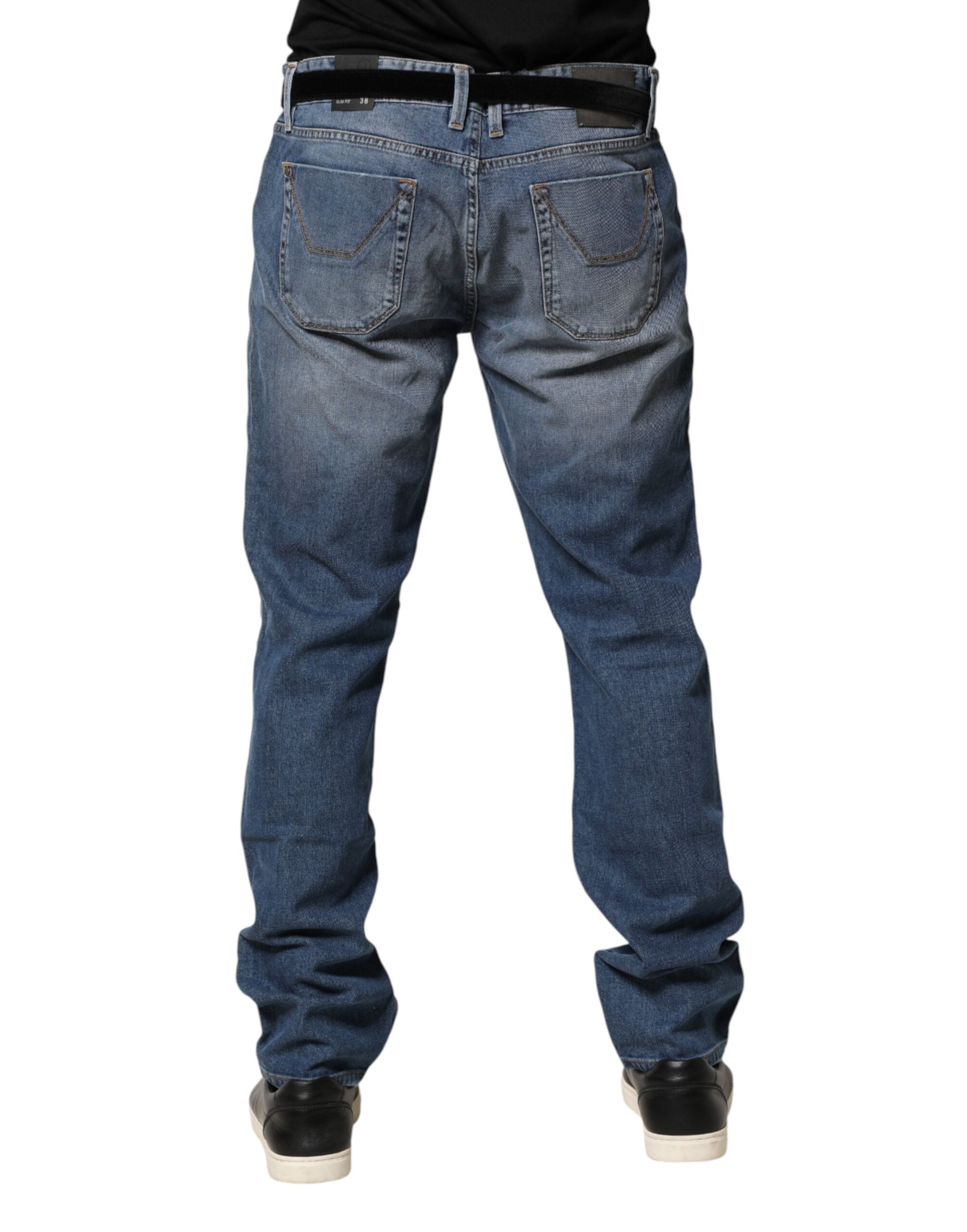 Blue Washed Mid Waist Straight Men Denim Trouser Jeans - ventzia