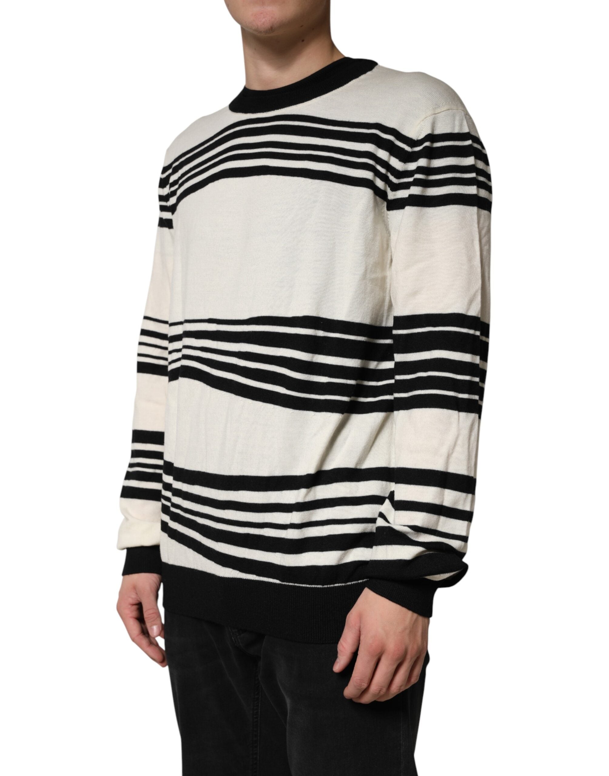 Black White Stripe CrewNeck Pullover Sweater - ventzia