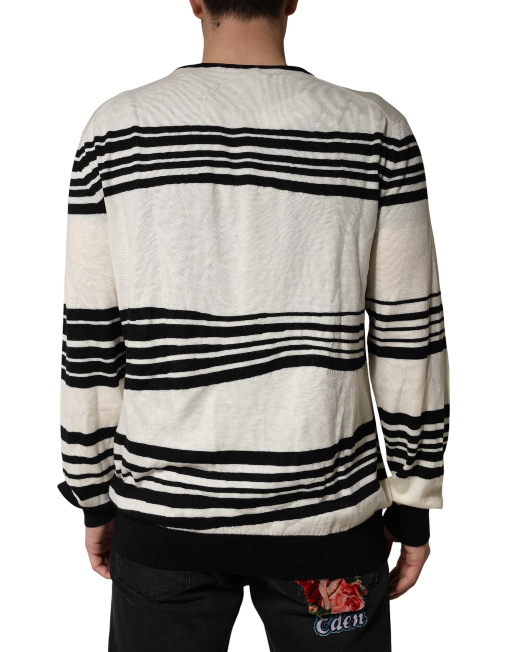 Black White Stripe CrewNeck Pullover Sweater - ventzia