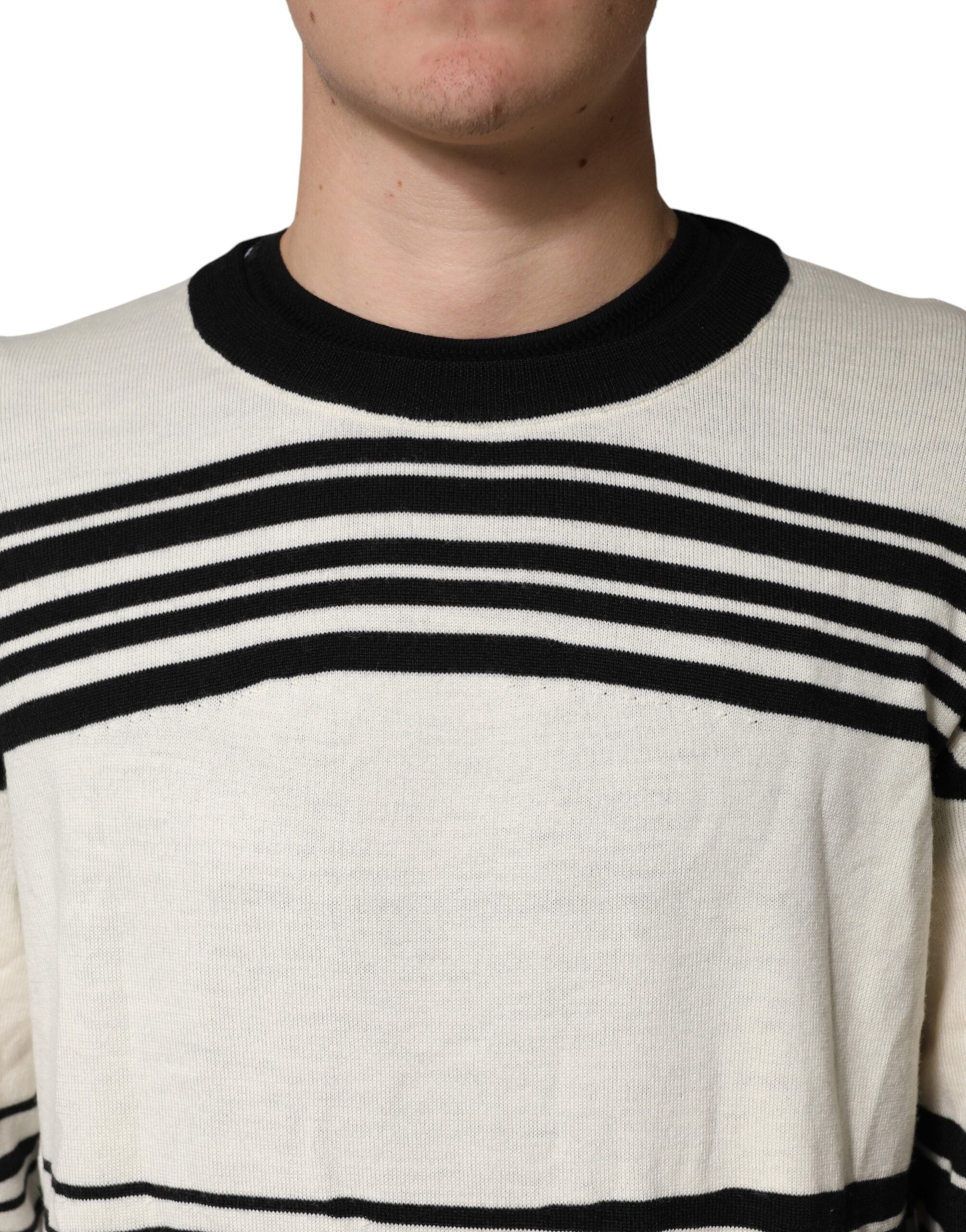 Black White Stripe CrewNeck Pullover Sweater - ventzia