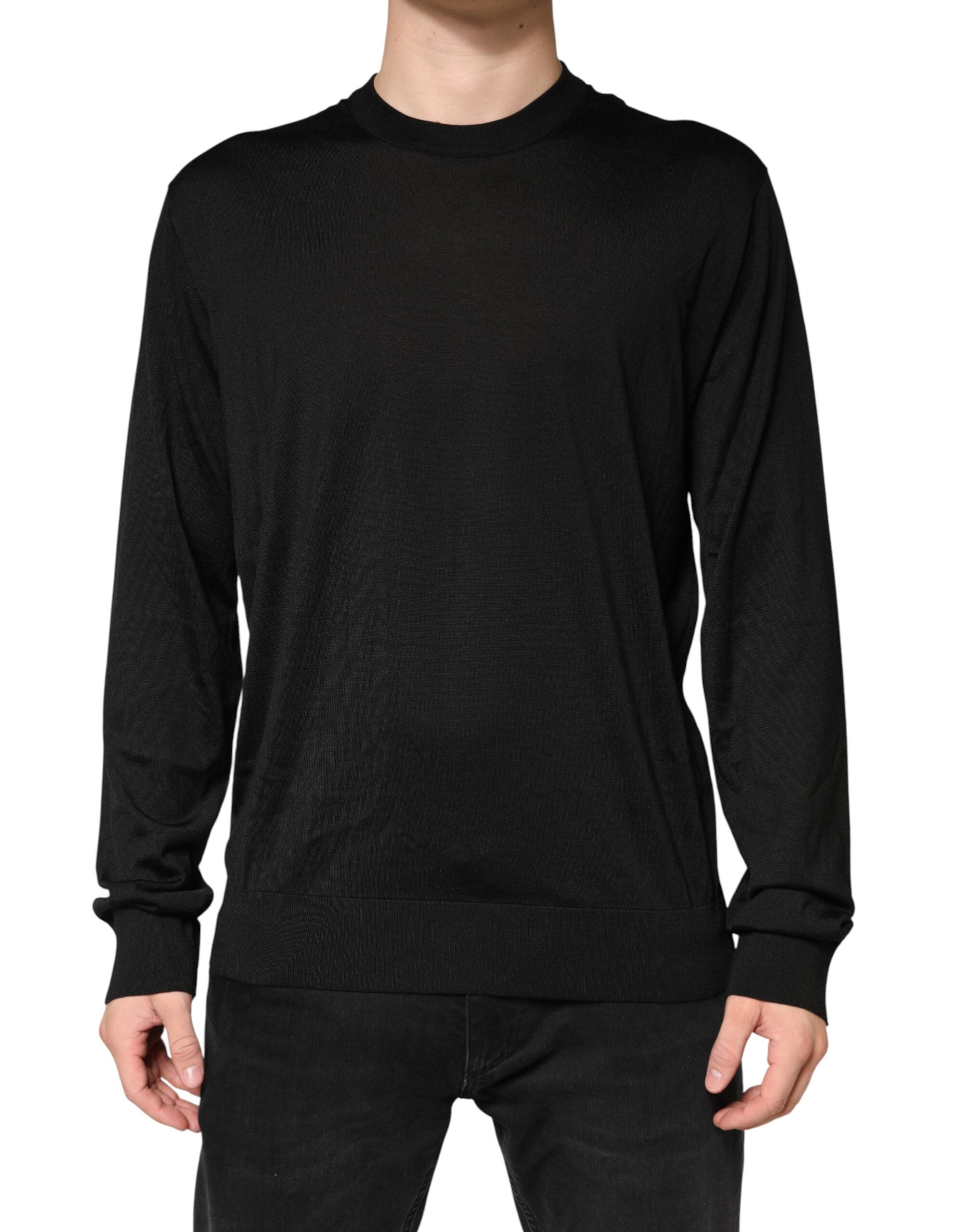 Black Silk Men Crew Neck Pullover Sweater - ventzia