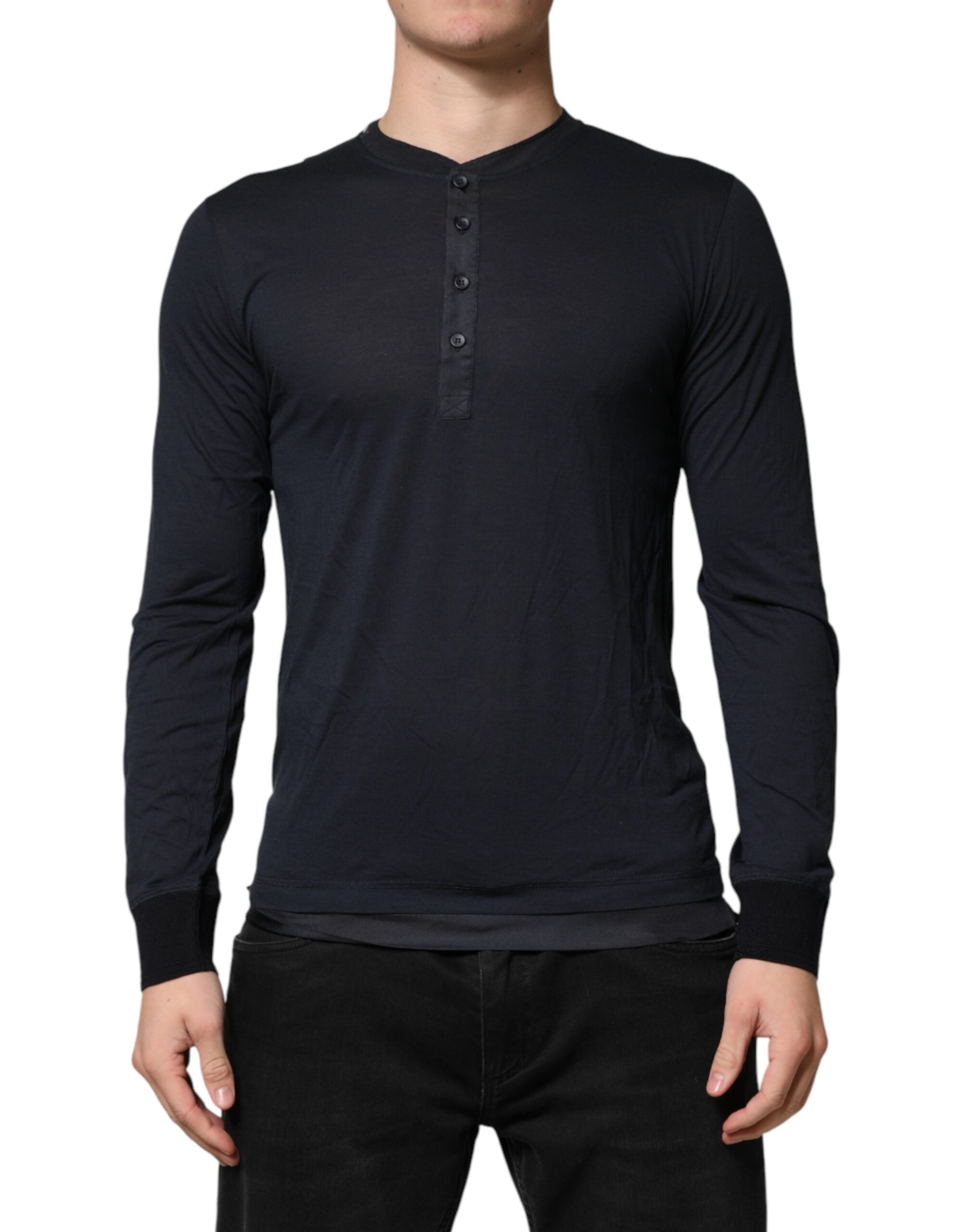Dark Blue Cotton Henley Long Sleeves T-Shirt - ventzia