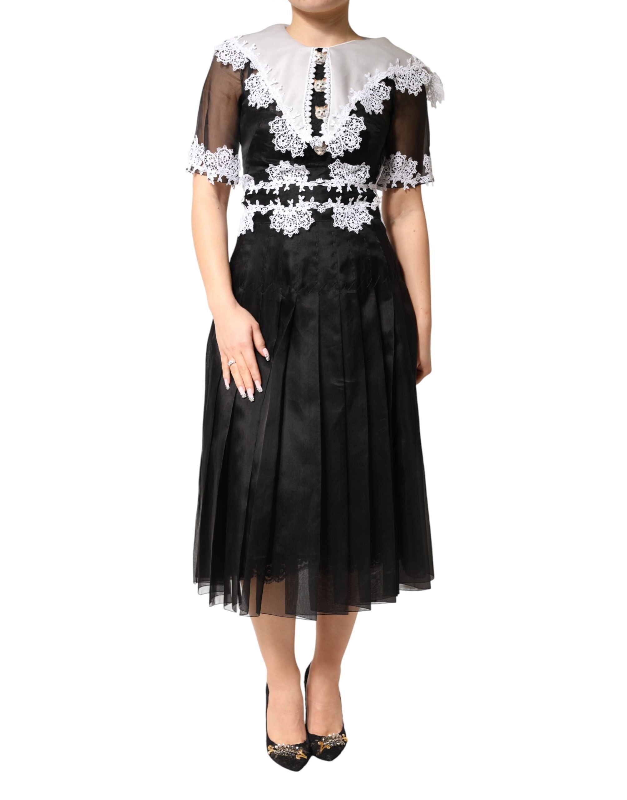 Black White Silk Macrame Lace Midi Dress - ventzia
