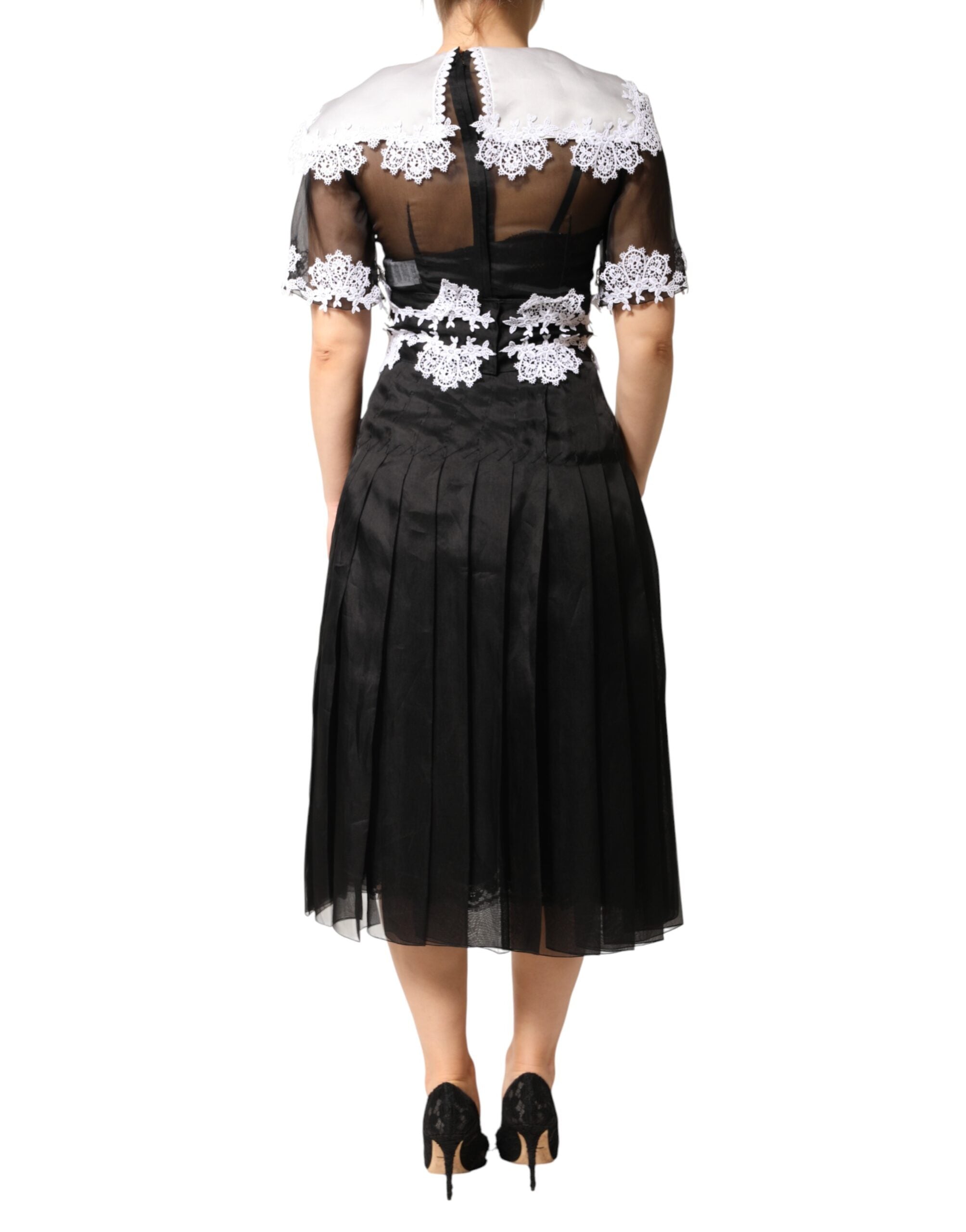 Black White Silk Macrame Lace Midi Dress - ventzia
