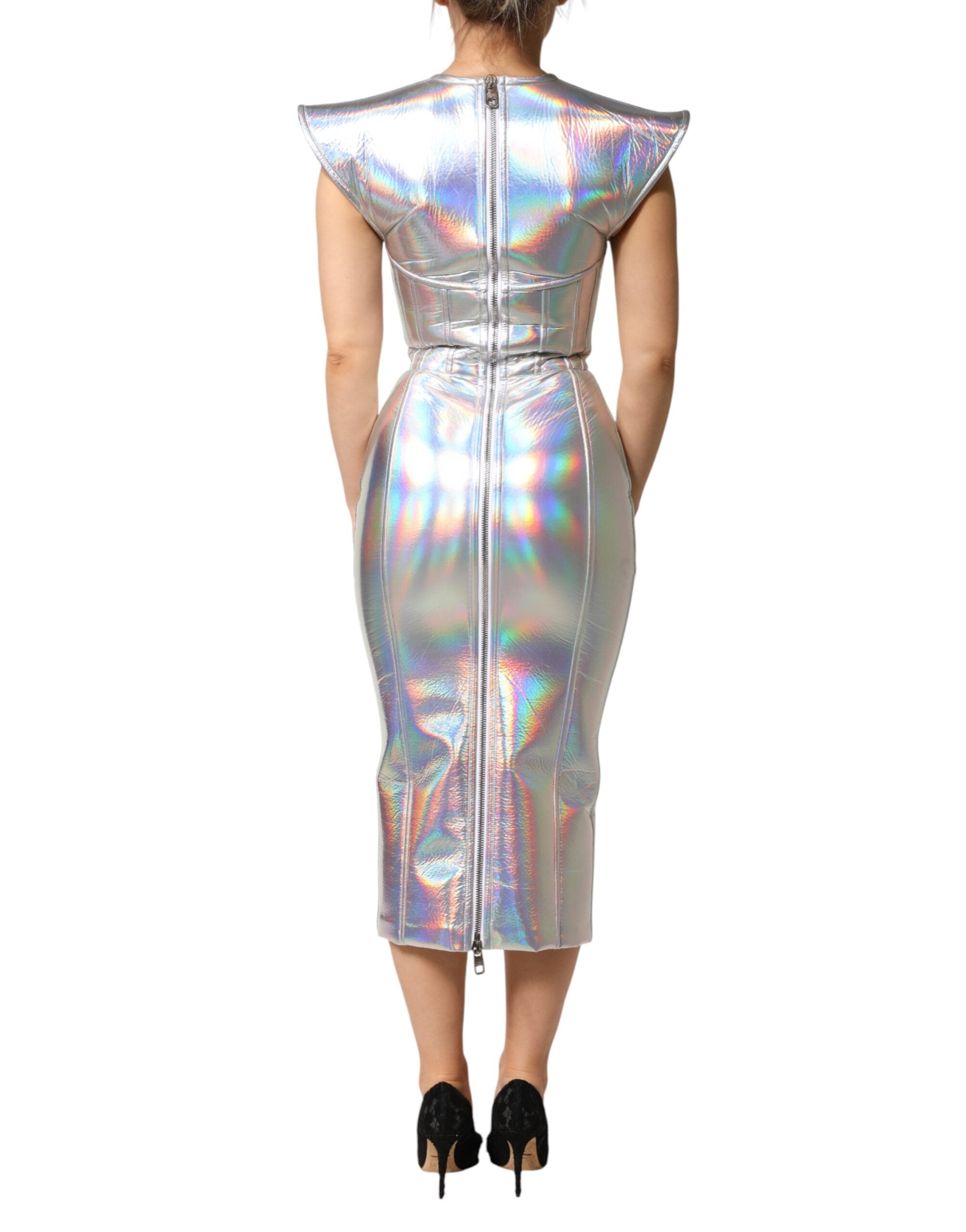 Silver Iridescent Bodycon Sheath Midi Dress - ventzia