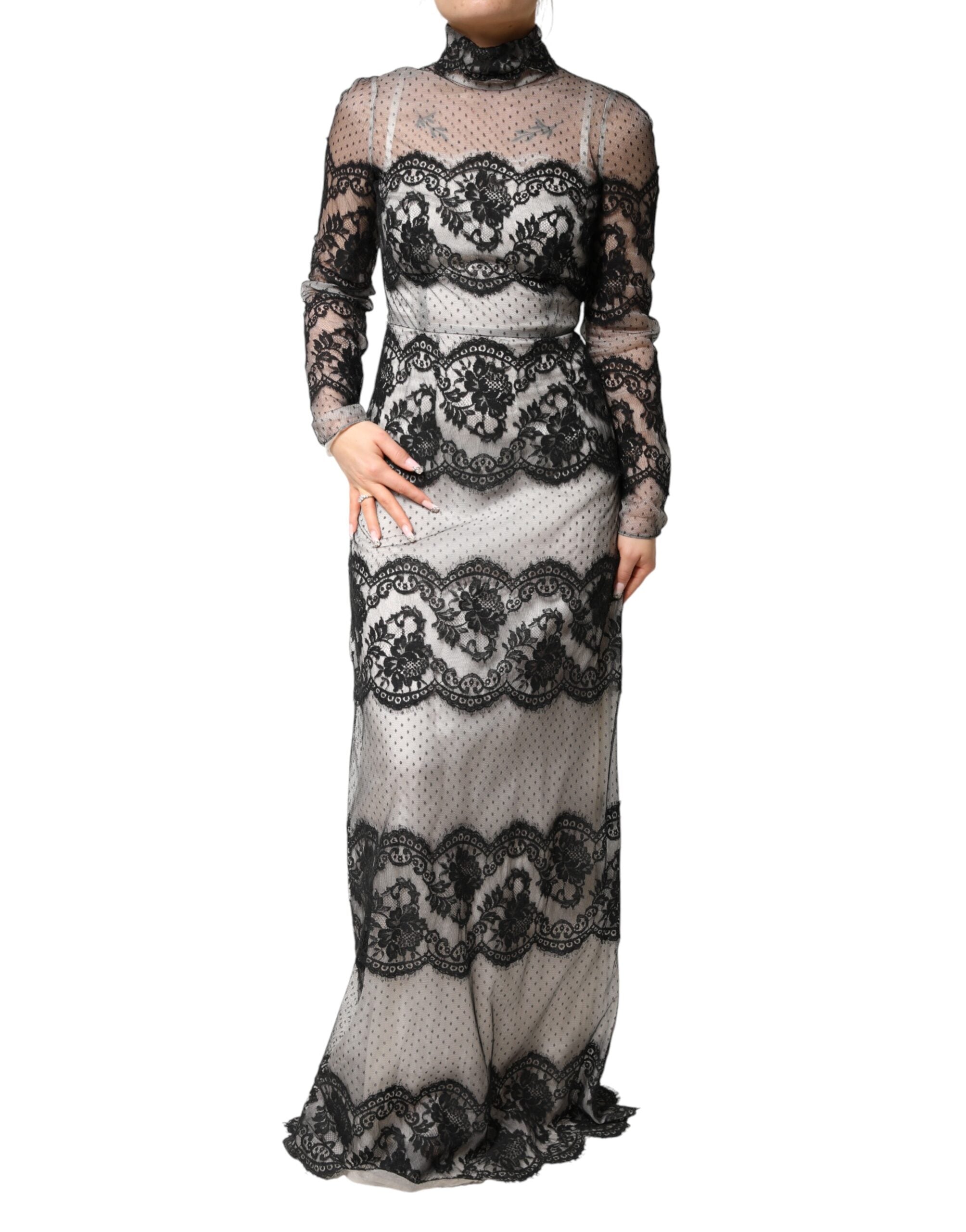 Black White Lace Silk Blend MaxiSheath Dress - ventzia