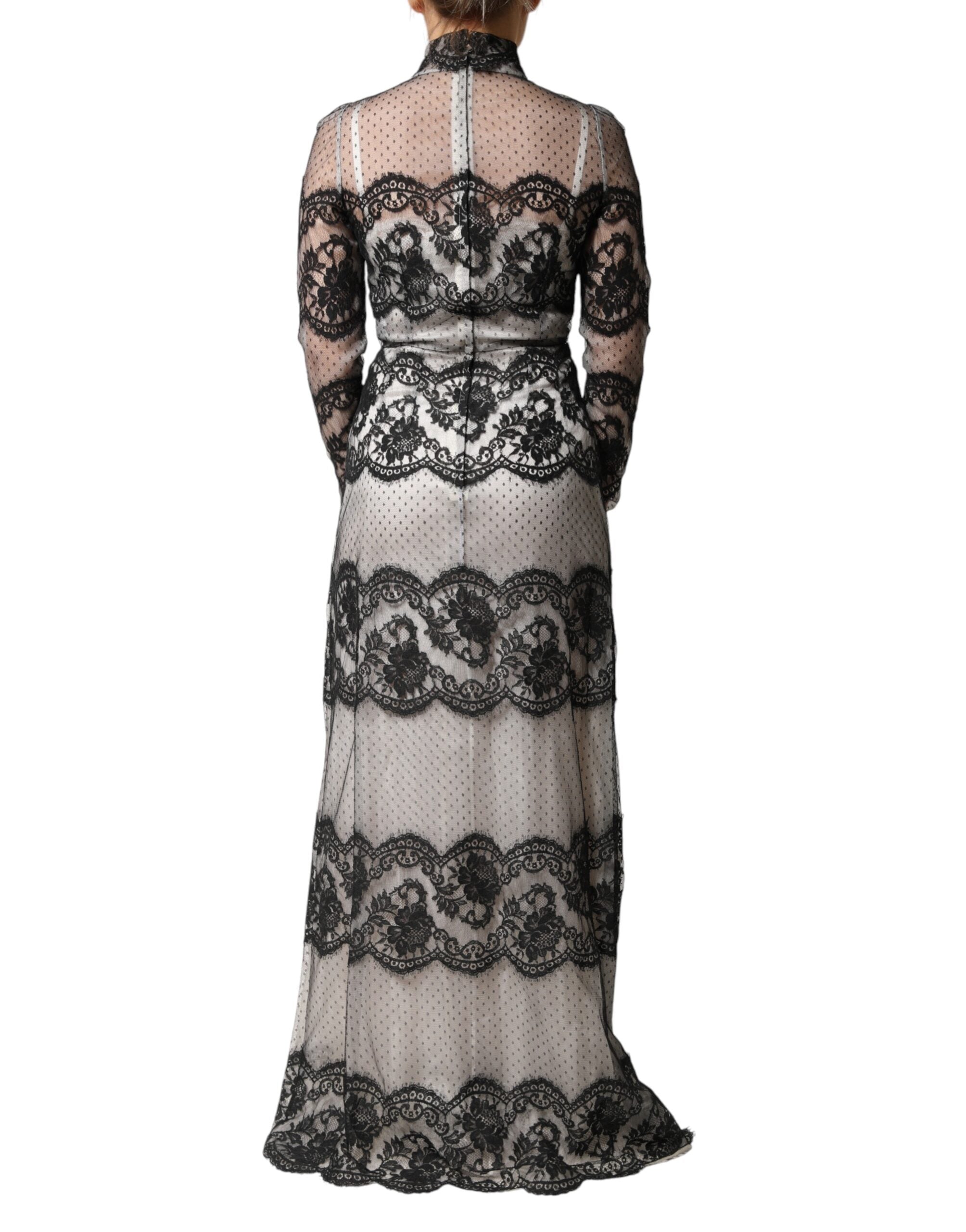 Black White Lace Silk Blend MaxiSheath Dress - ventzia