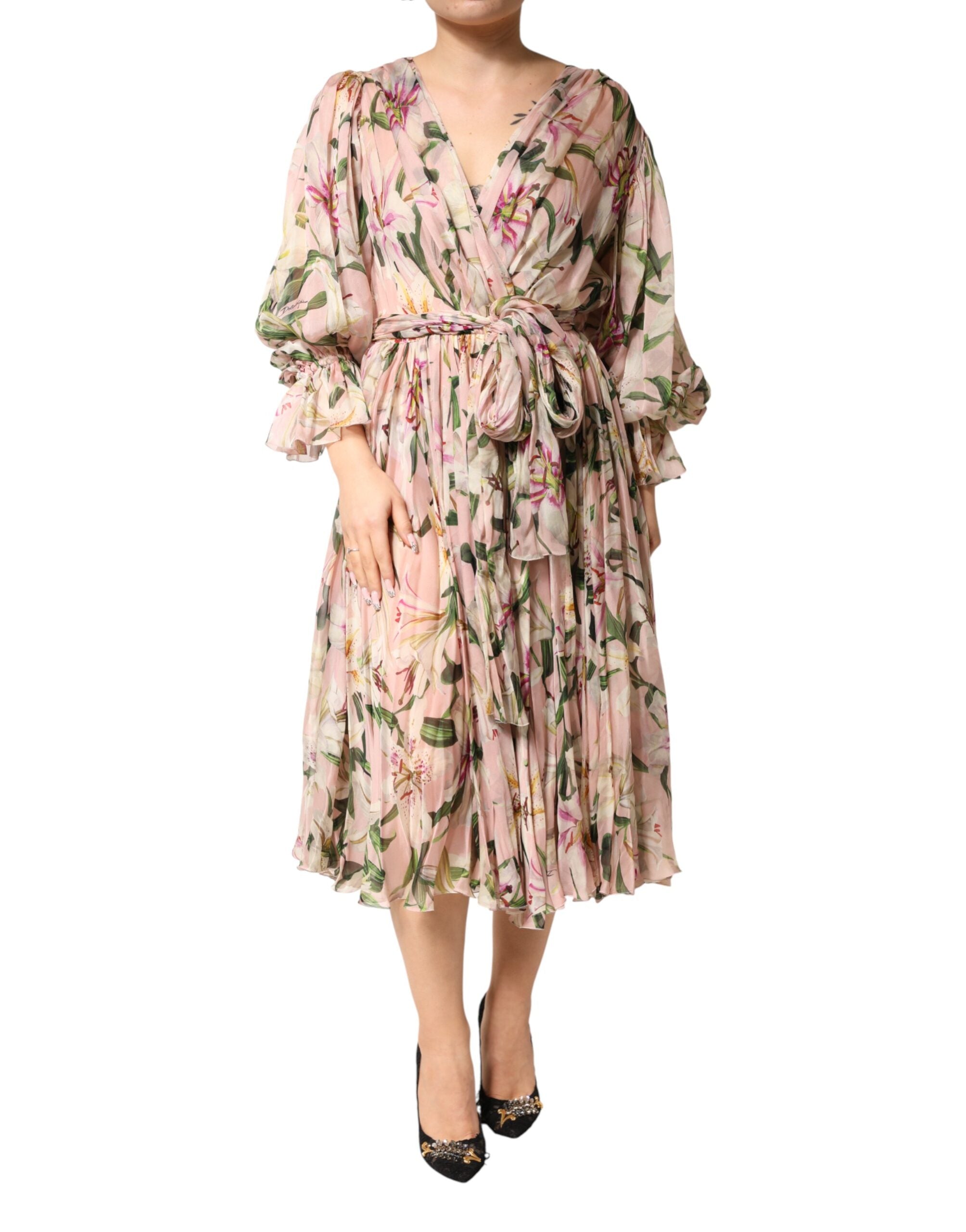 Pink Lily Print A-line Pleated Maxi Dress - ventzia