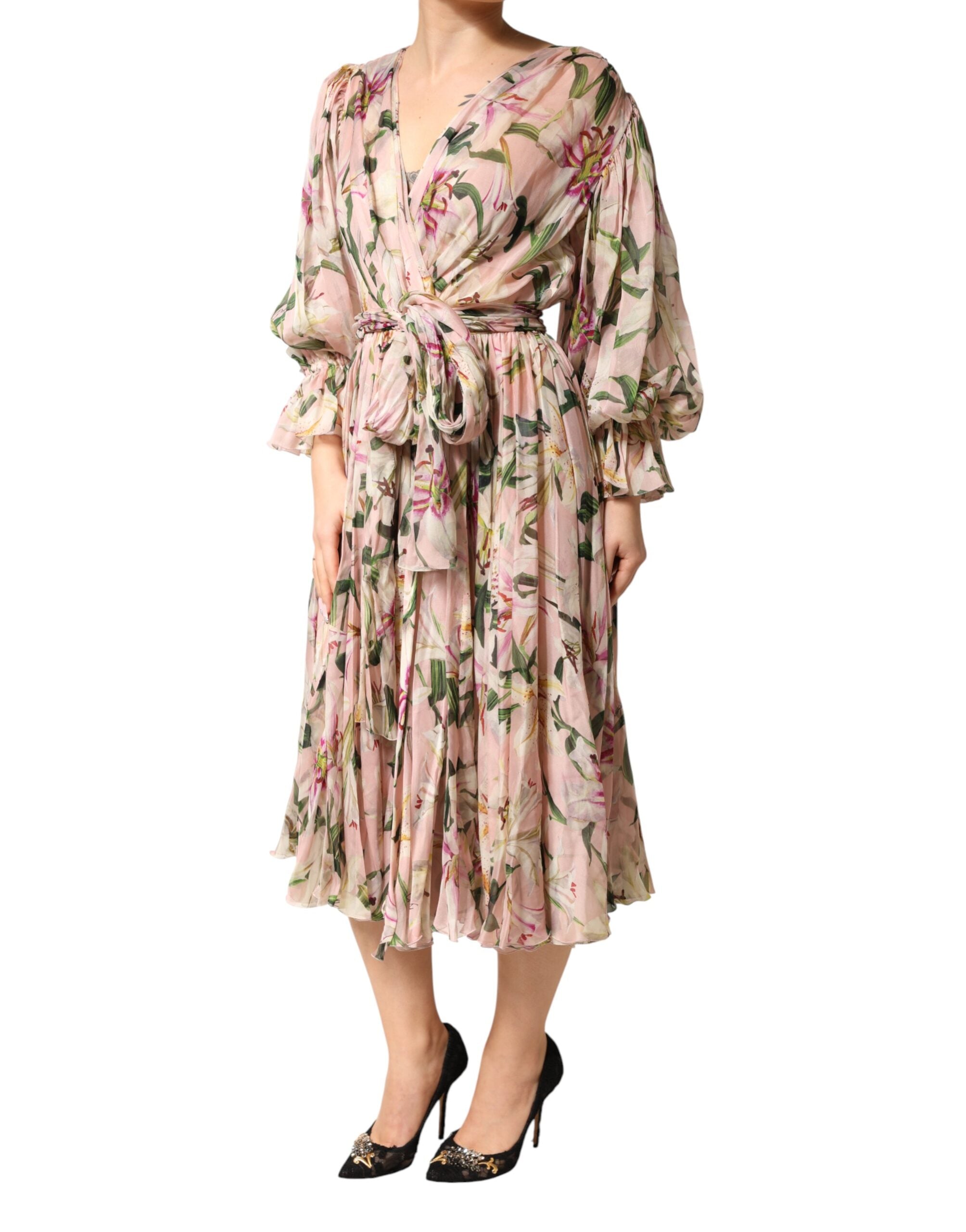 Pink Lily Print A-line Pleated Maxi Dress - ventzia
