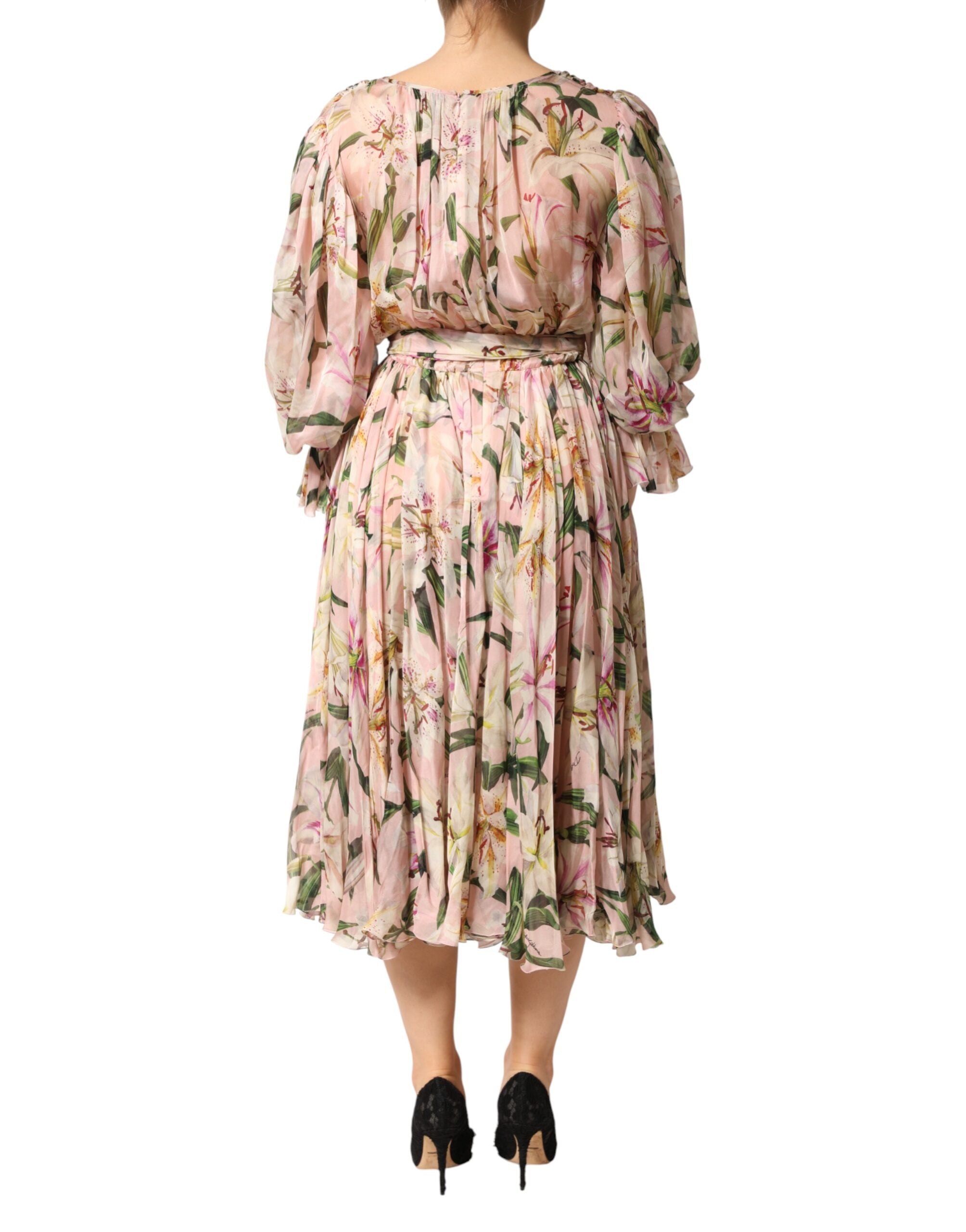 Pink Lily Print A-line Pleated Maxi Dress - ventzia