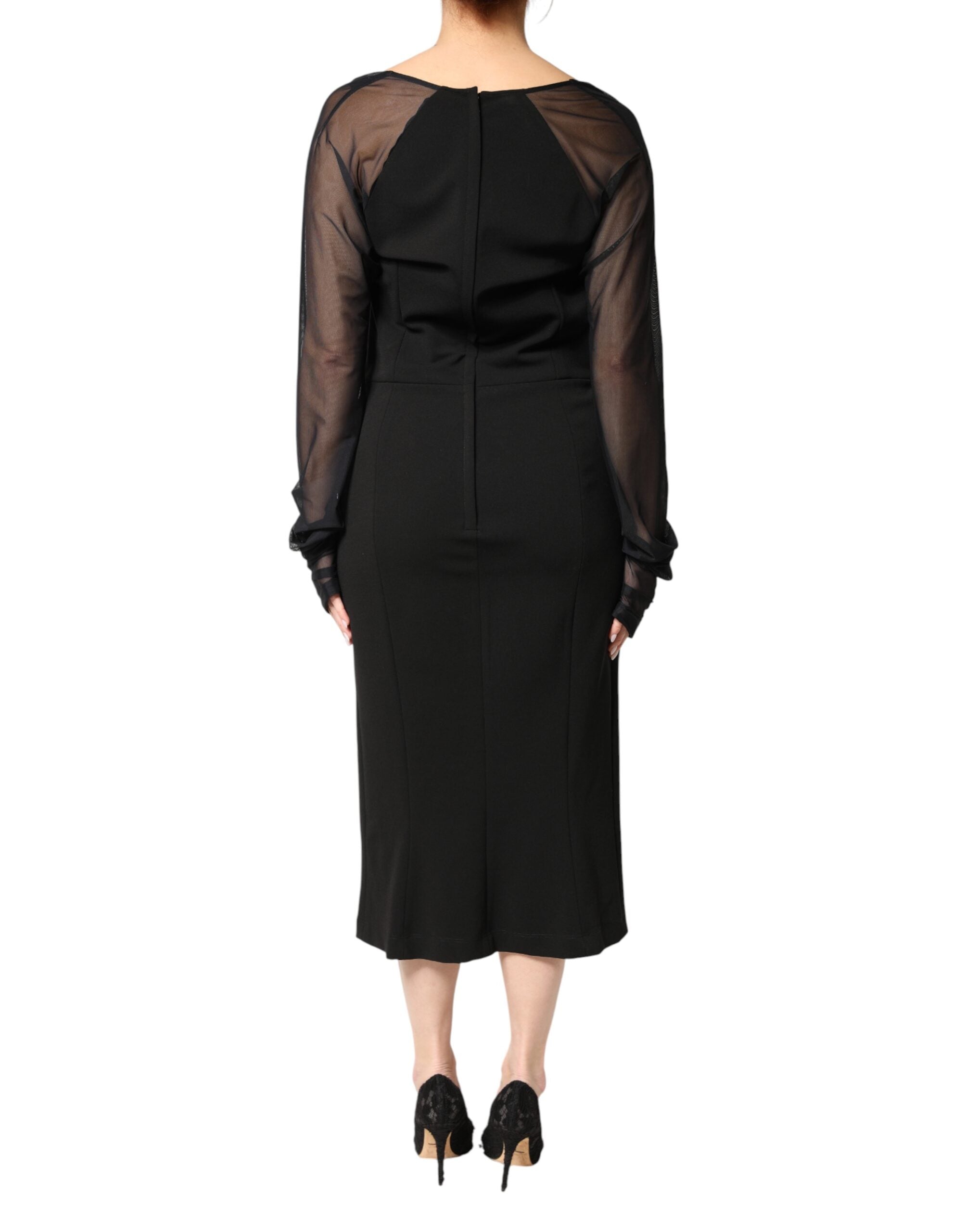 Black Sheer Yoke Rosette Sheath Midi Dress - ventzia