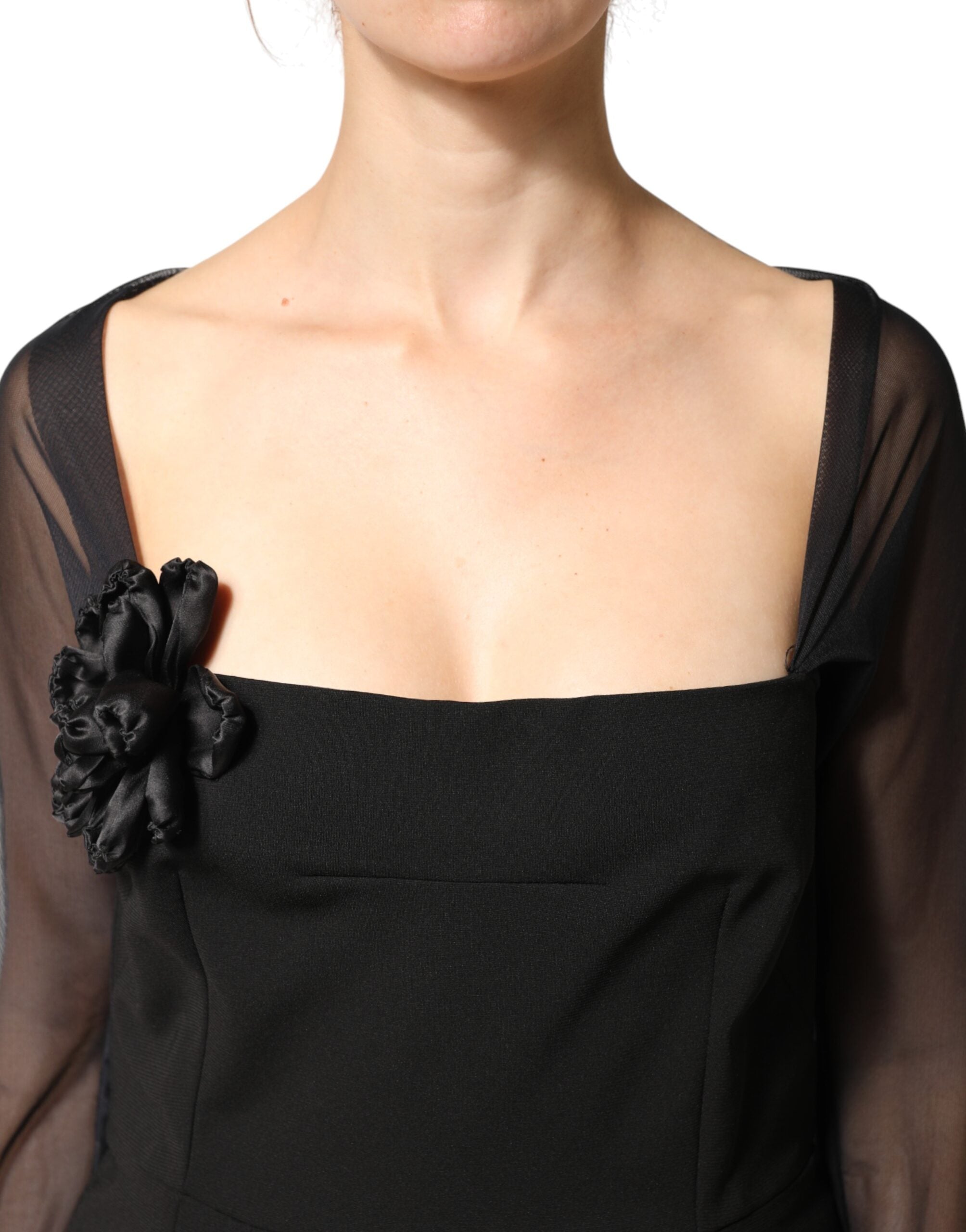 Black Sheer Yoke Rosette Sheath Midi Dress - ventzia