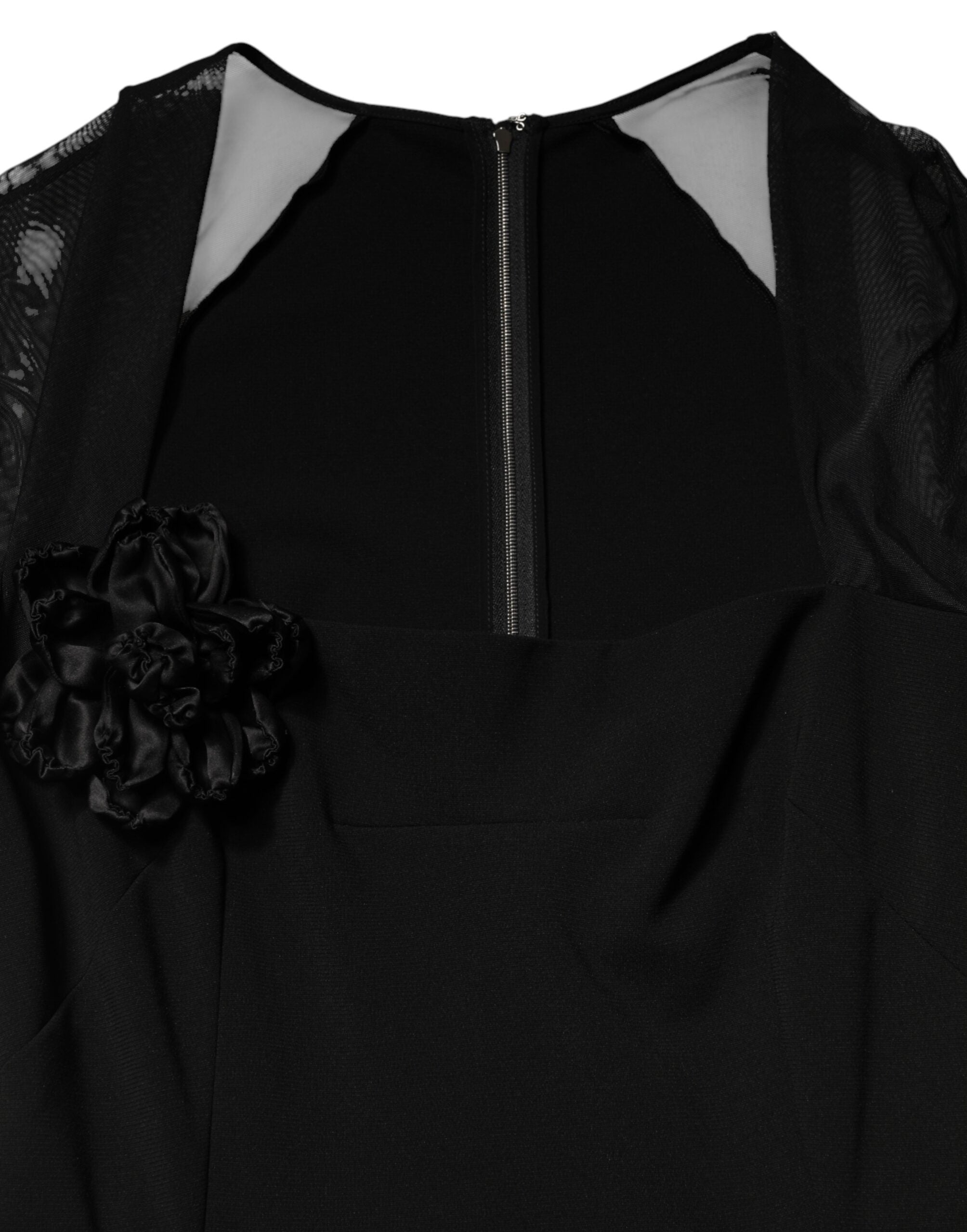 Black Sheer Yoke Rosette Sheath Midi Dress - ventzia