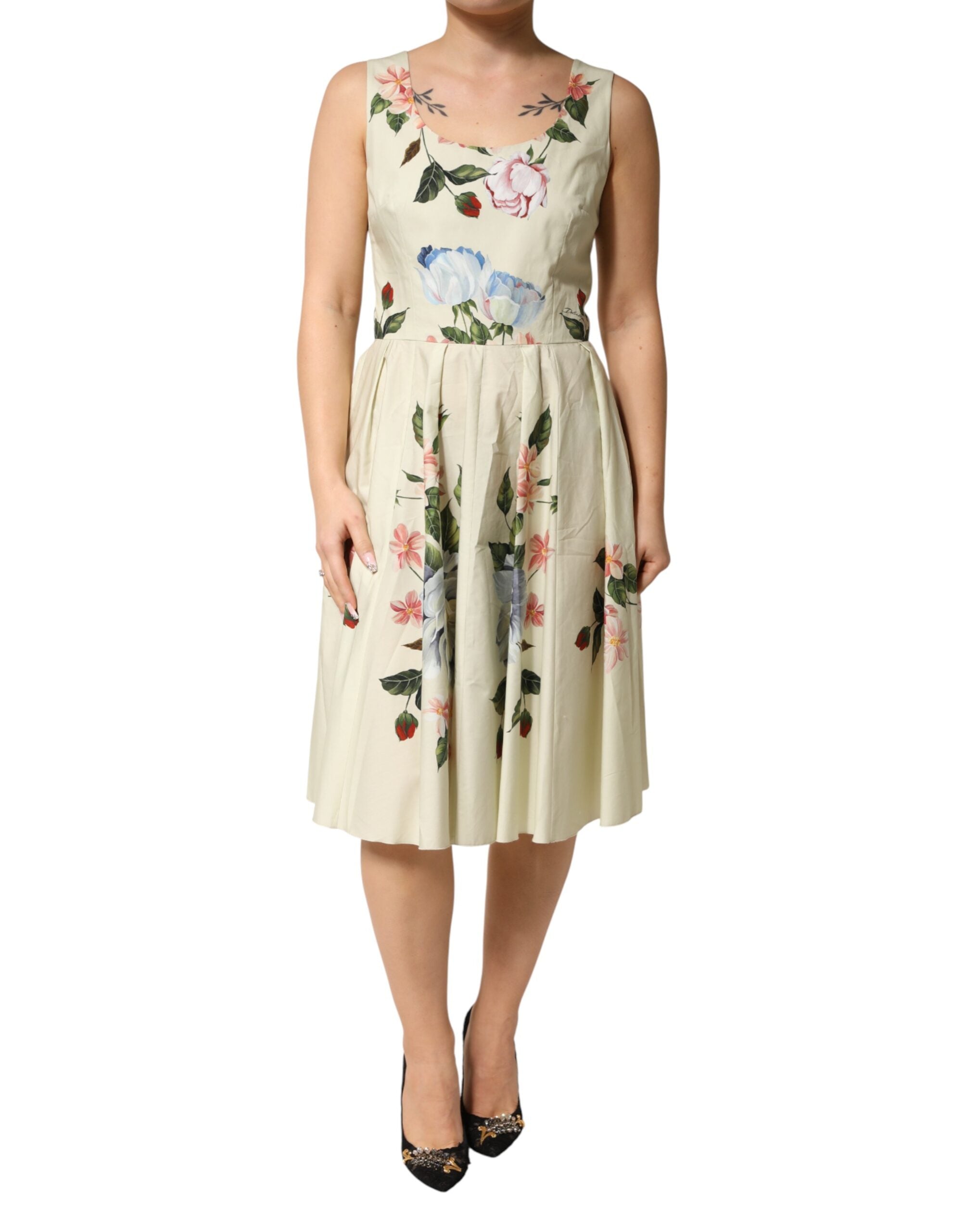 Beige Floral Sleeveless A-line Dress - ventzia