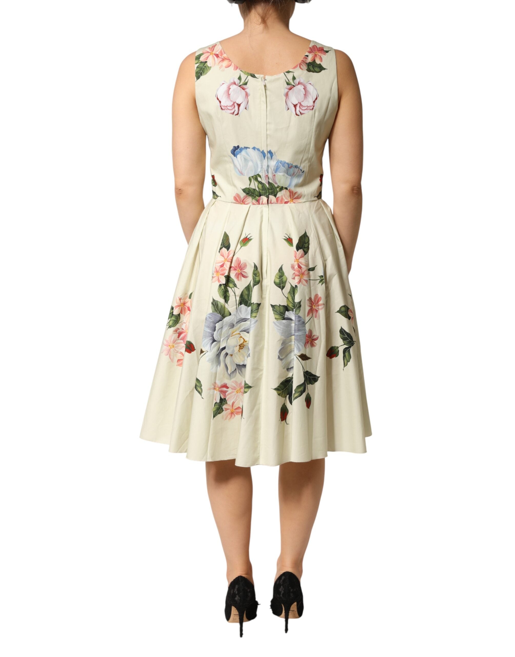 Beige Floral Sleeveless A-line Dress - ventzia