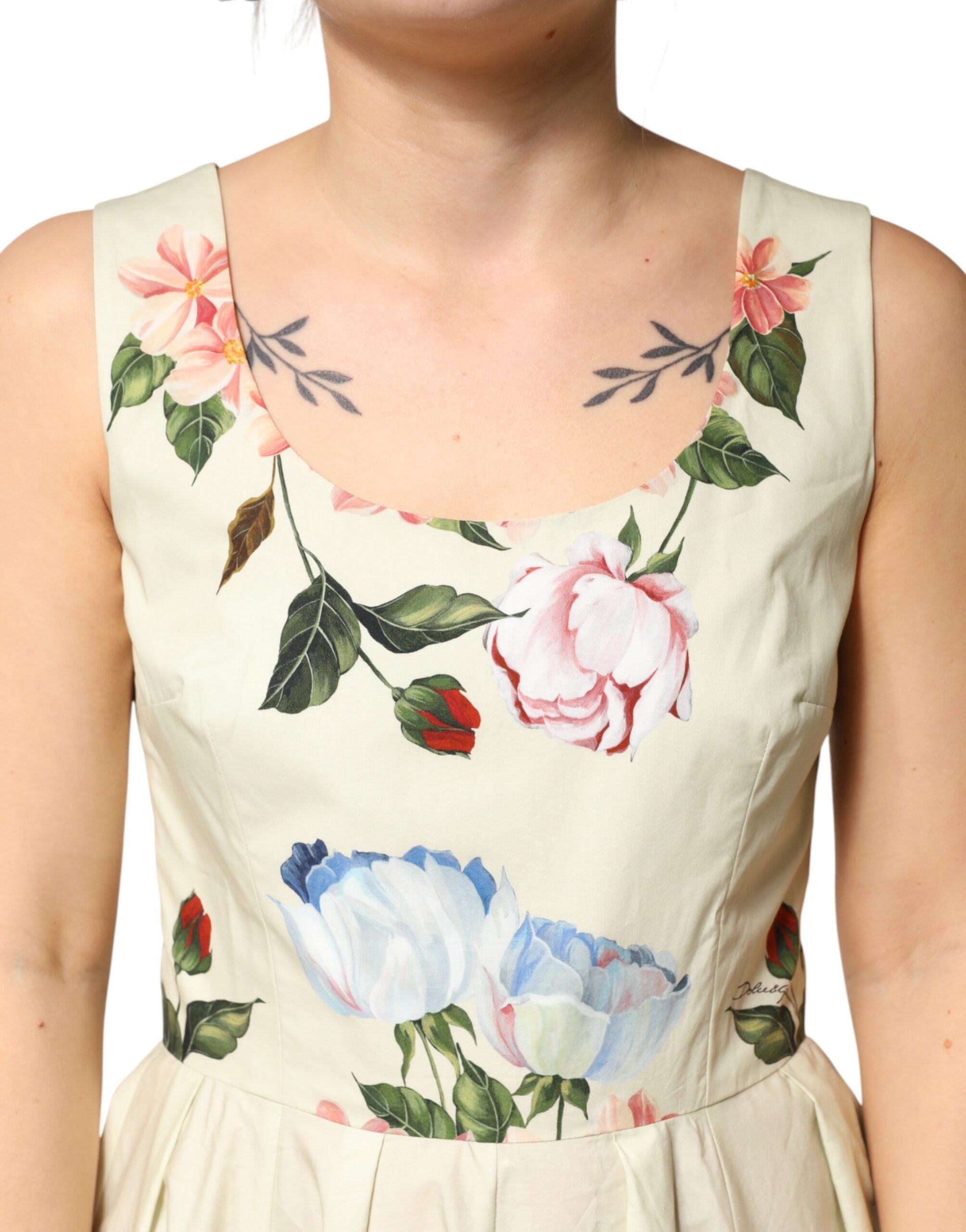 Beige Floral Sleeveless A-line Dress - ventzia