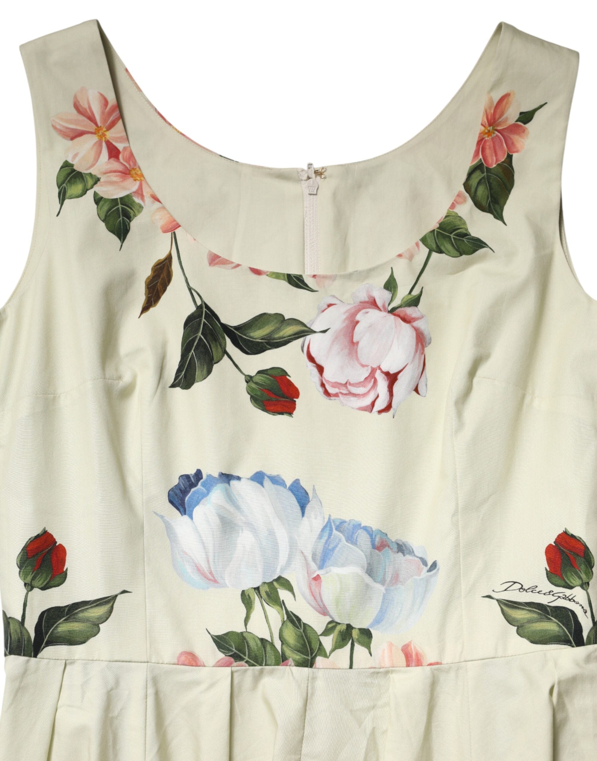 Beige Floral Sleeveless A-line Dress - ventzia