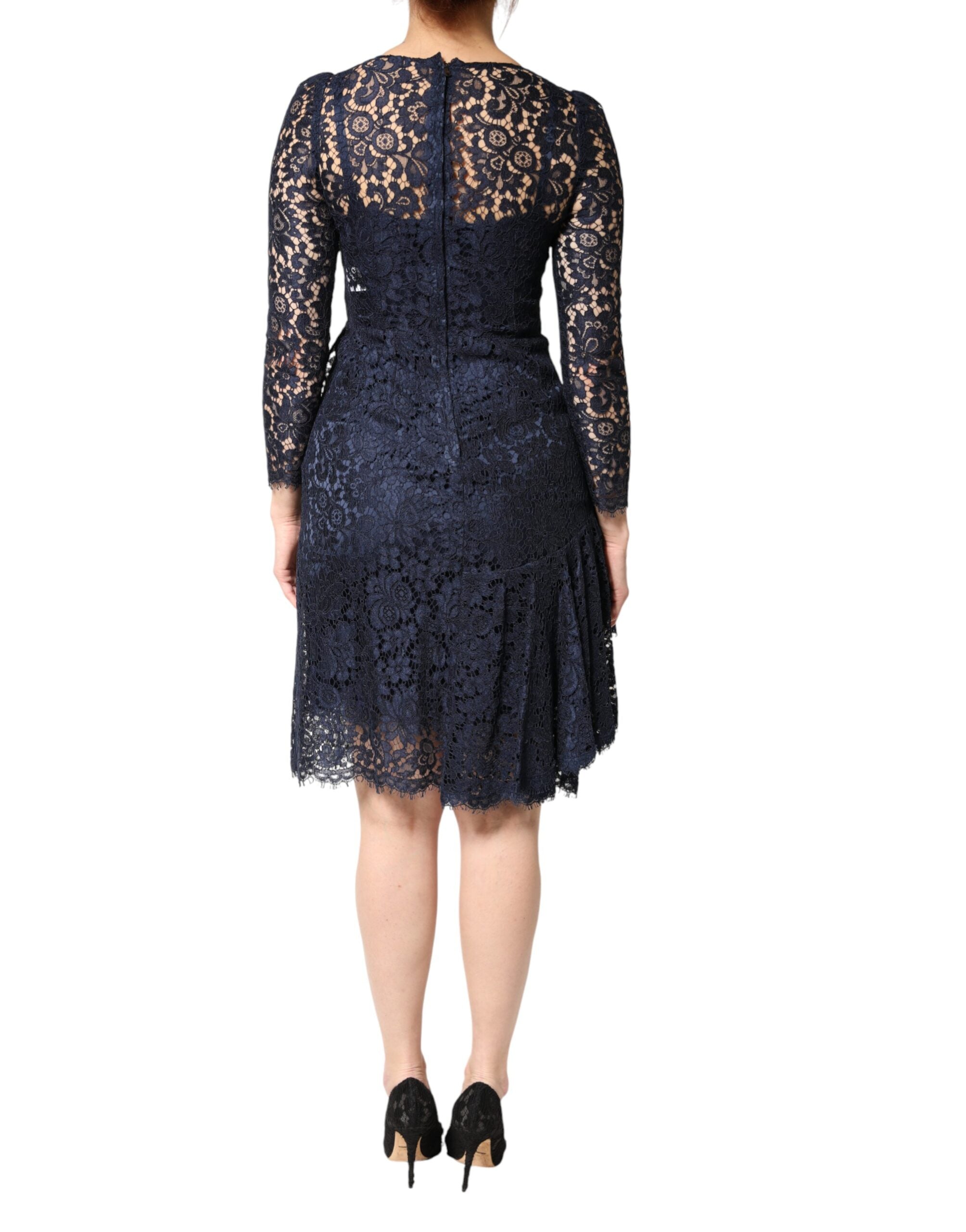 Blue Lace Ruffle A-line Knee Length Dress - ventzia