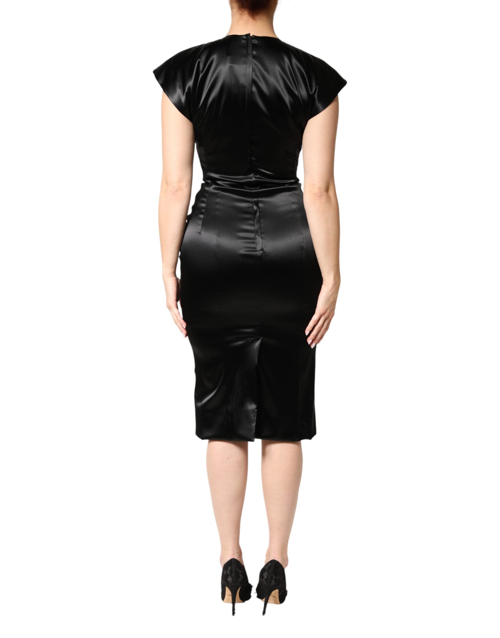 Black Satin Sheath Midi Cap Sleeves Dress - ventzia