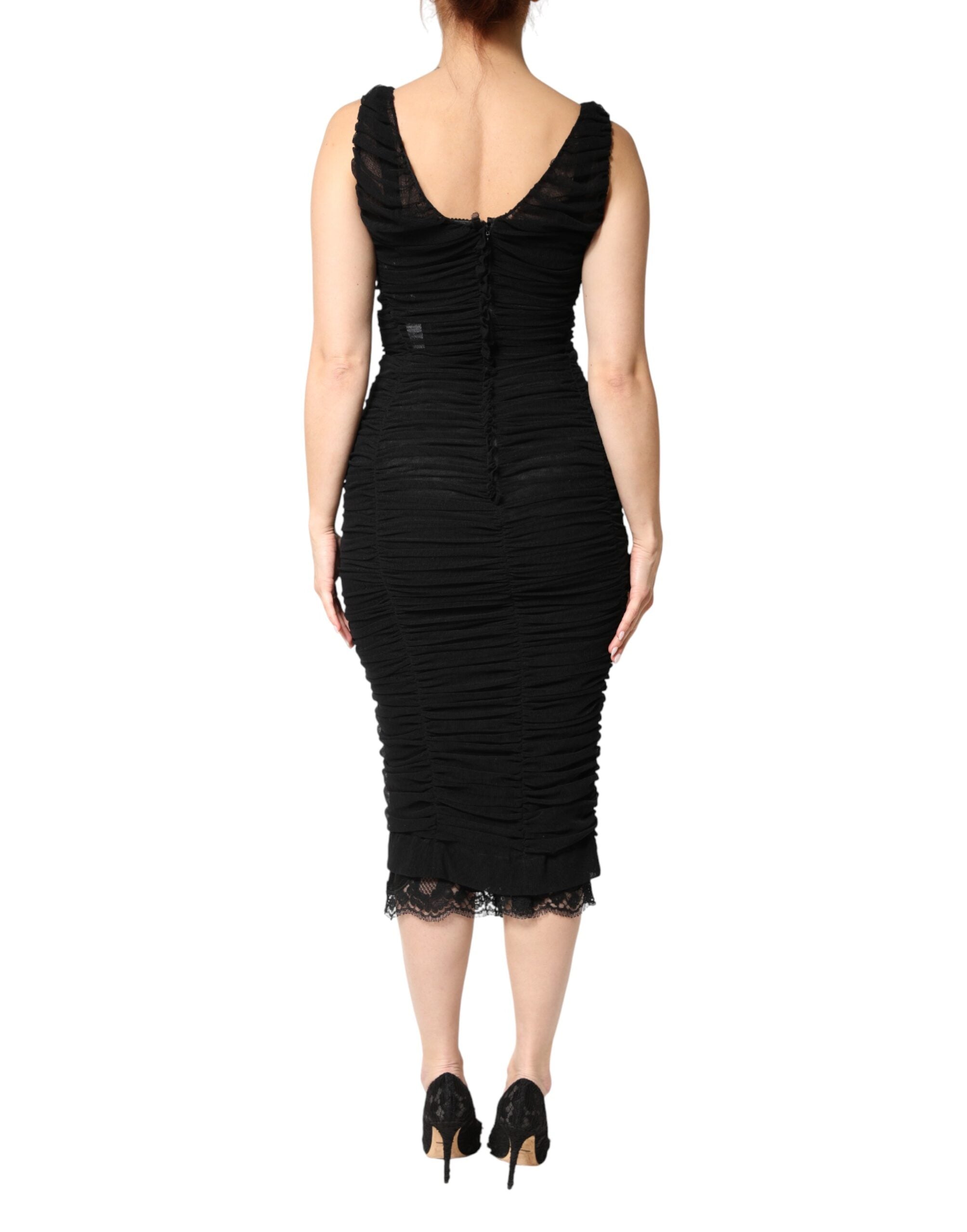 Black V-Neck Ruched Lace Hem Midi Dress - ventzia
