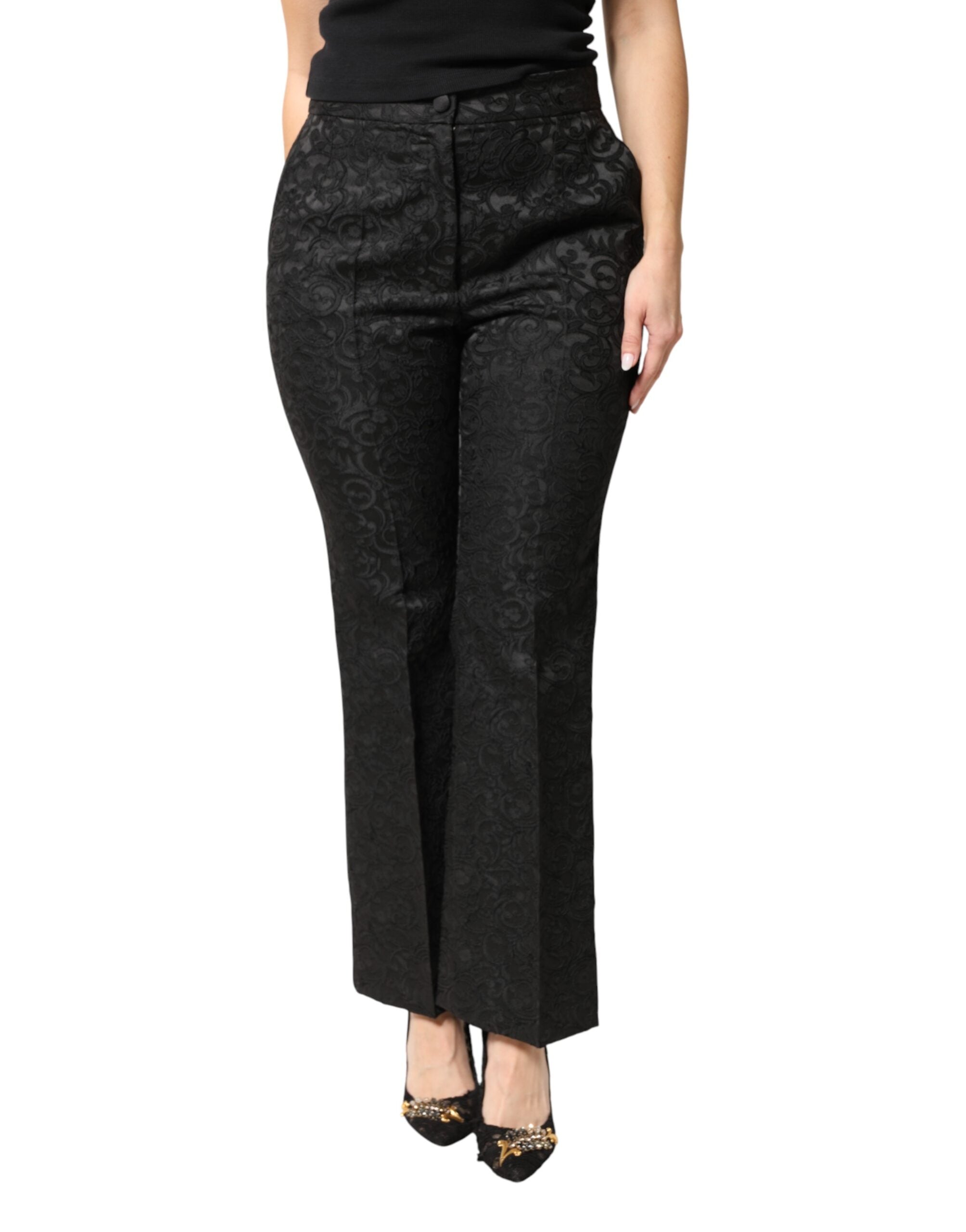 Black Floral Brocade High Waisted Trouser Pants - ventzia