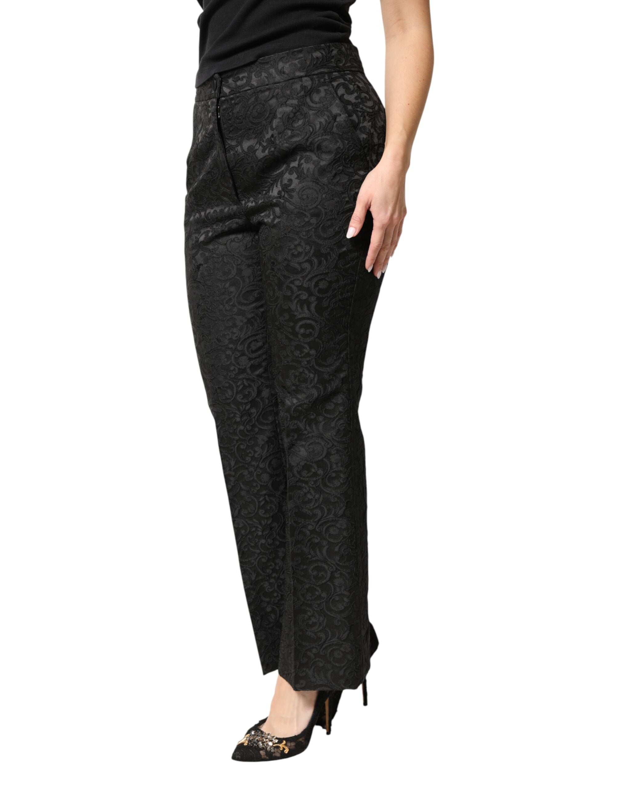 Black Floral Brocade High Waisted Trouser Pants - ventzia