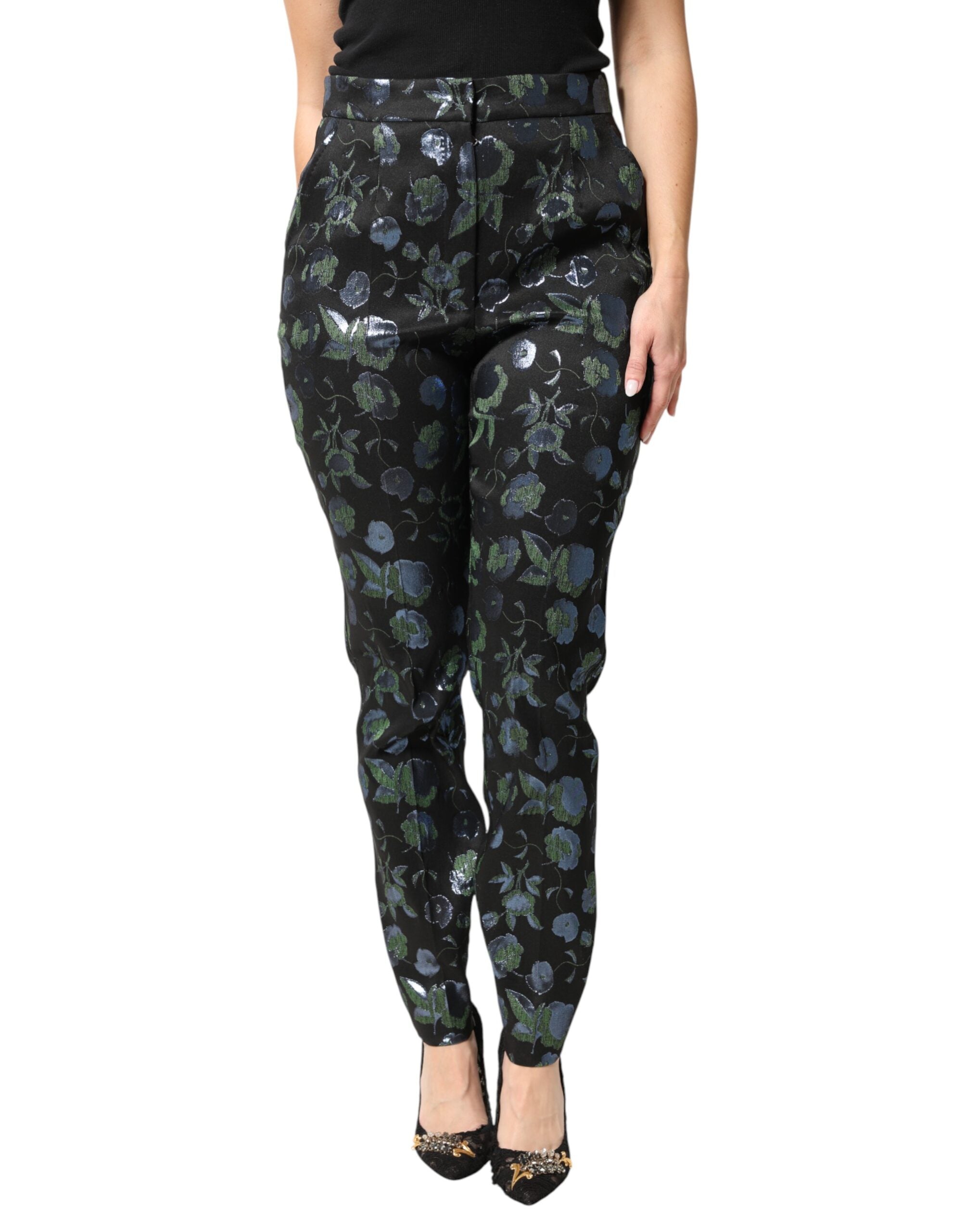 BlueGreen Floral Metallic Slim Trouser Pants - ventzia