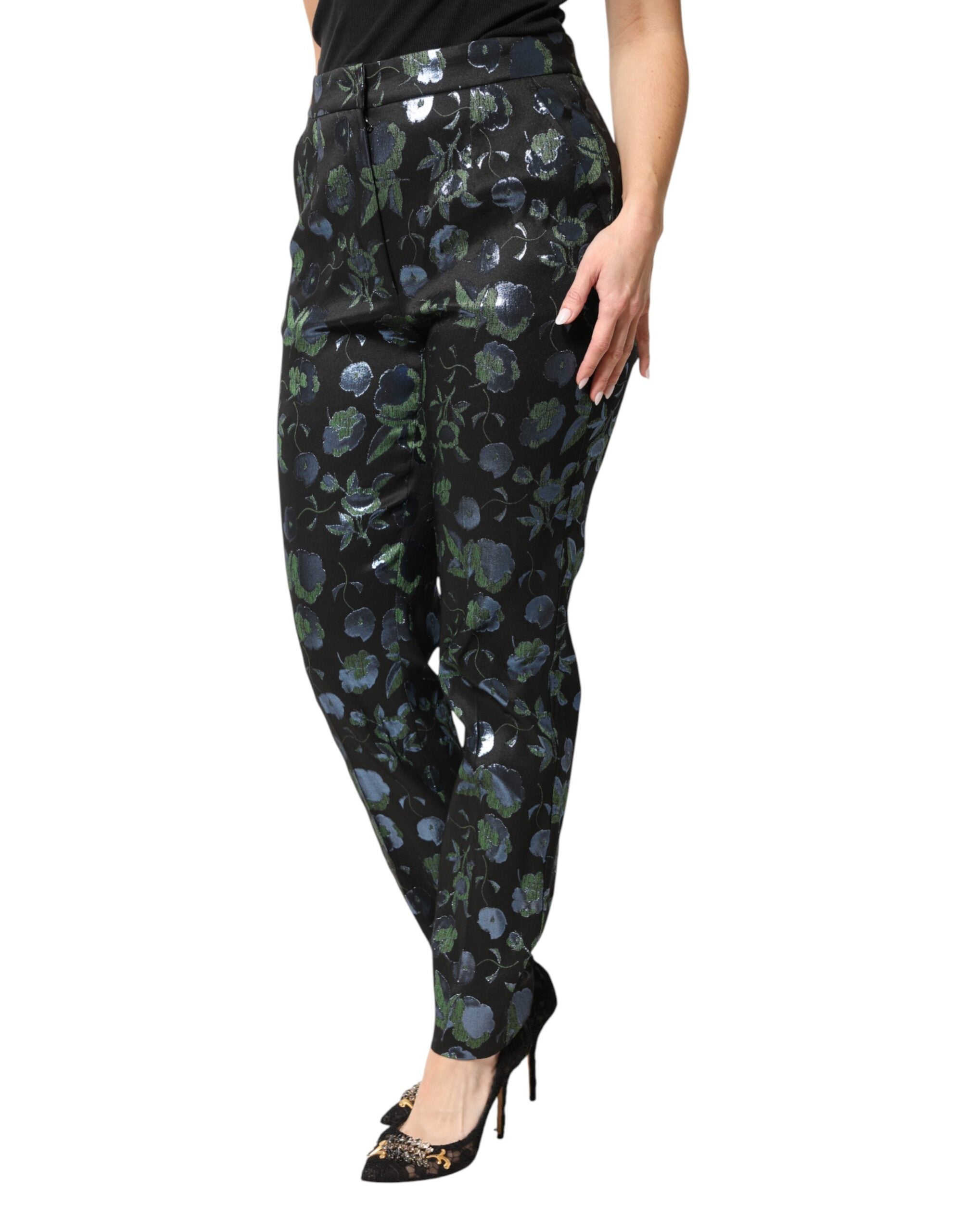 BlueGreen Floral Metallic Slim Trouser Pants - ventzia