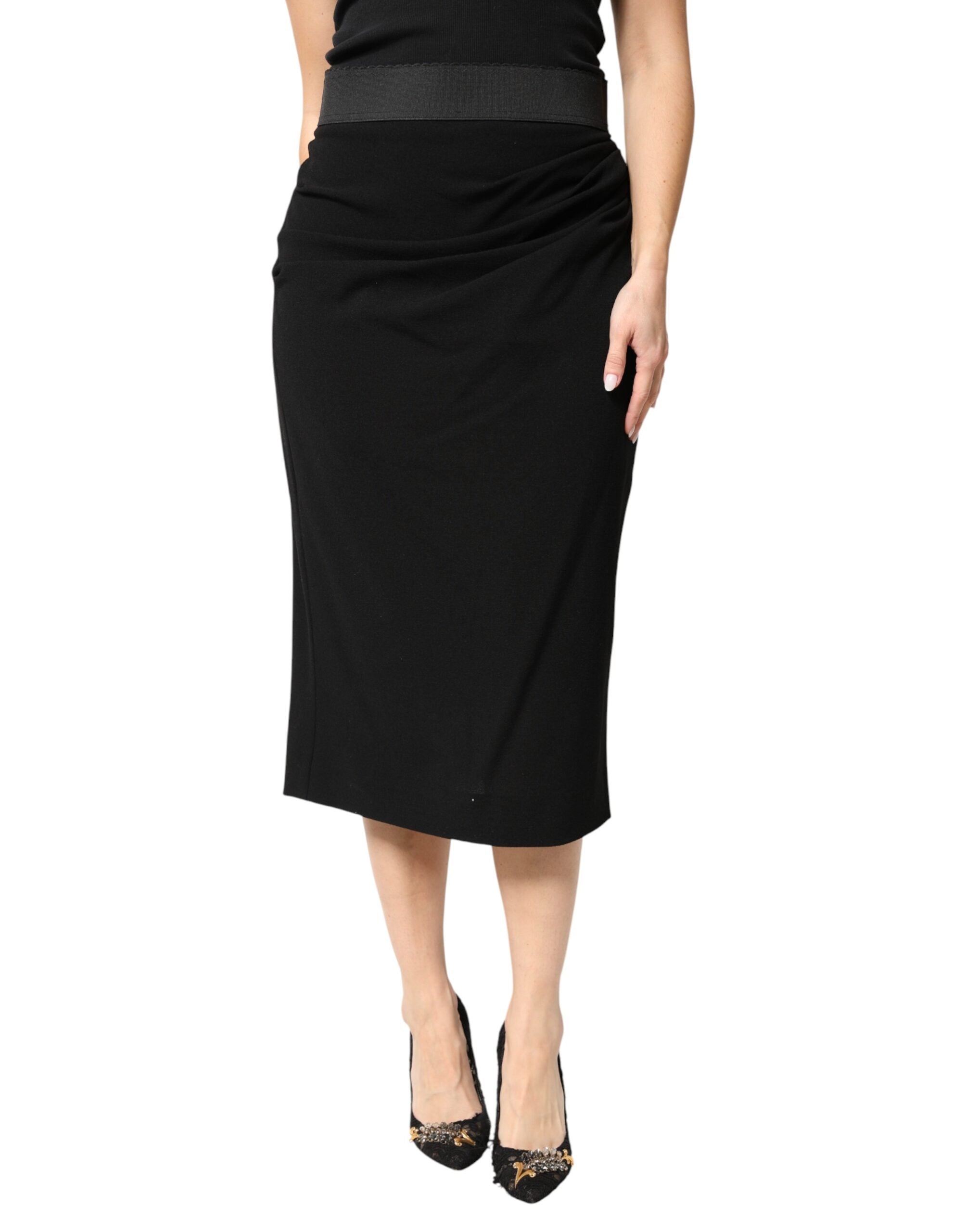 Black Wool High Waist Pencil Cut Midi Skirt - ventzia