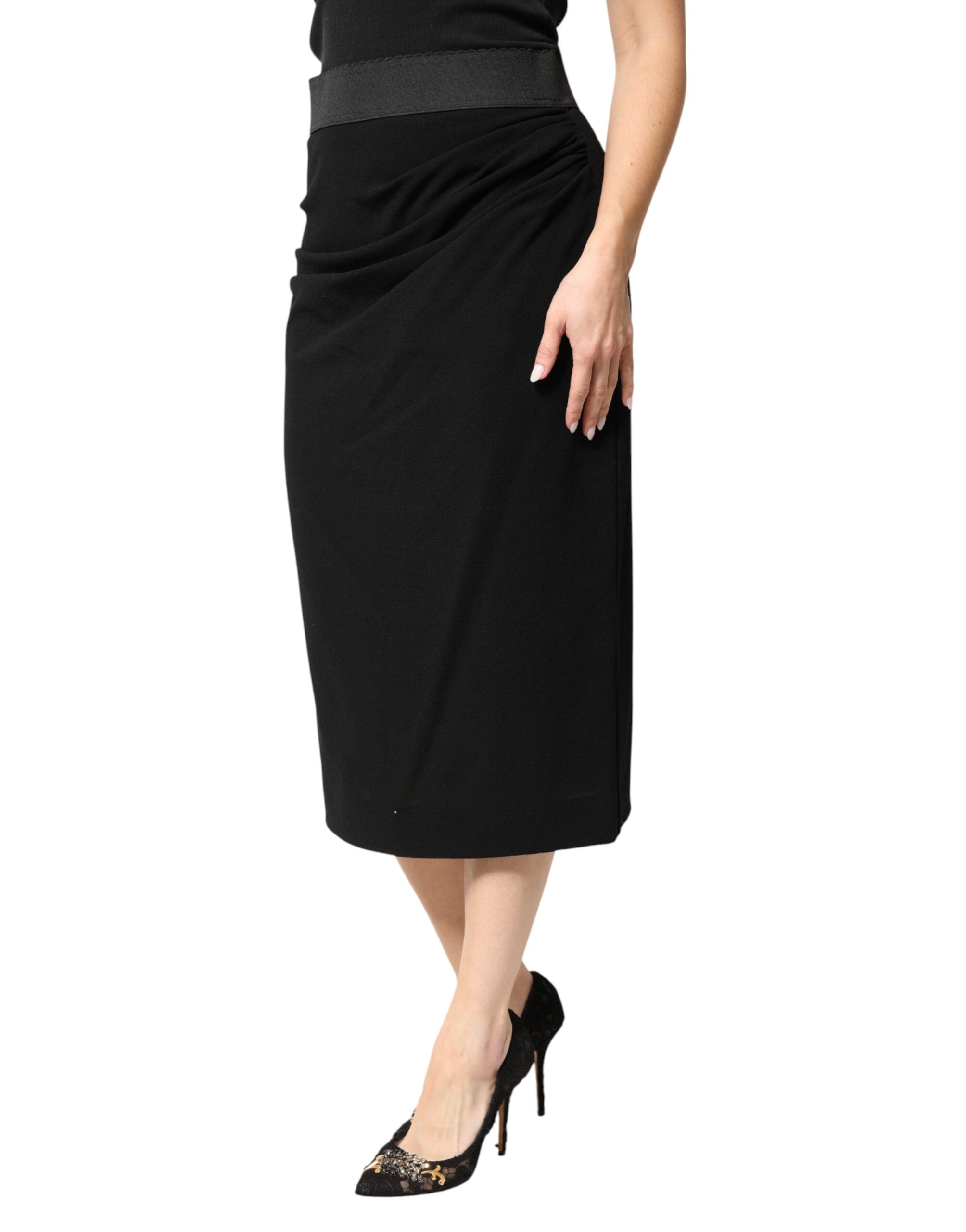 Black Wool High Waist Pencil Cut Midi Skirt - ventzia