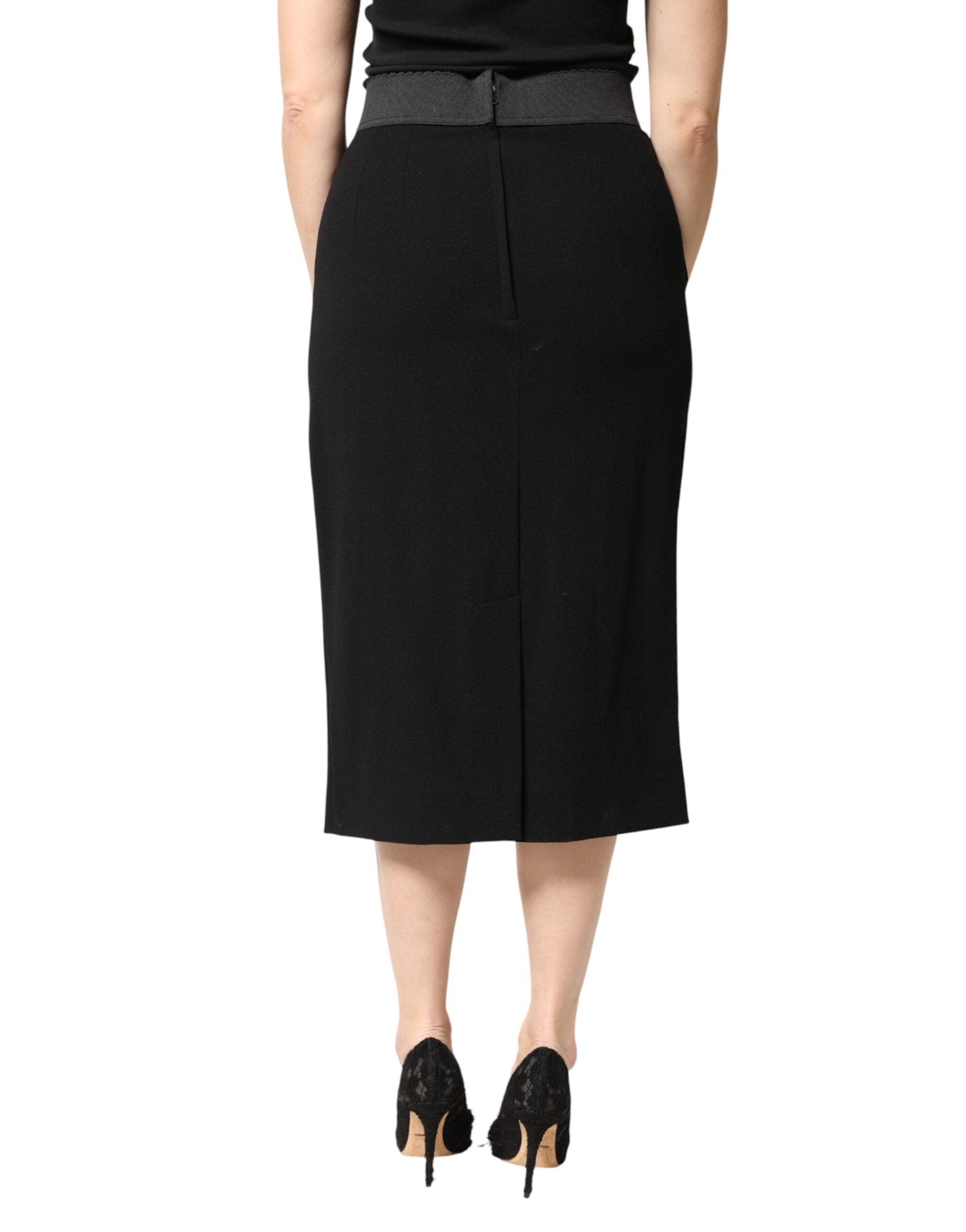 Black Wool High Waist Pencil Cut Midi Skirt - ventzia