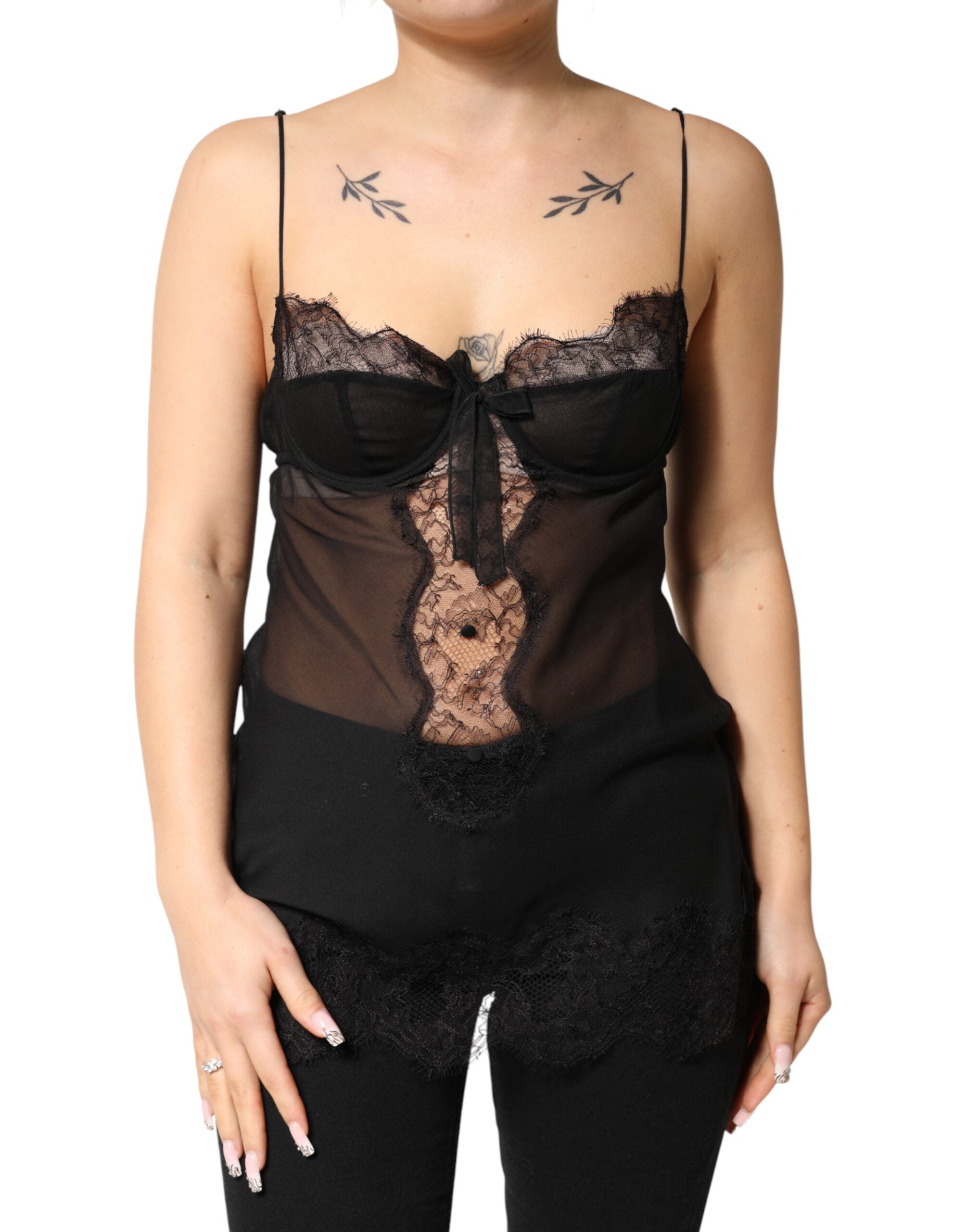 Black Silk Floral Lace Chemise Lingerie Top - ventzia
