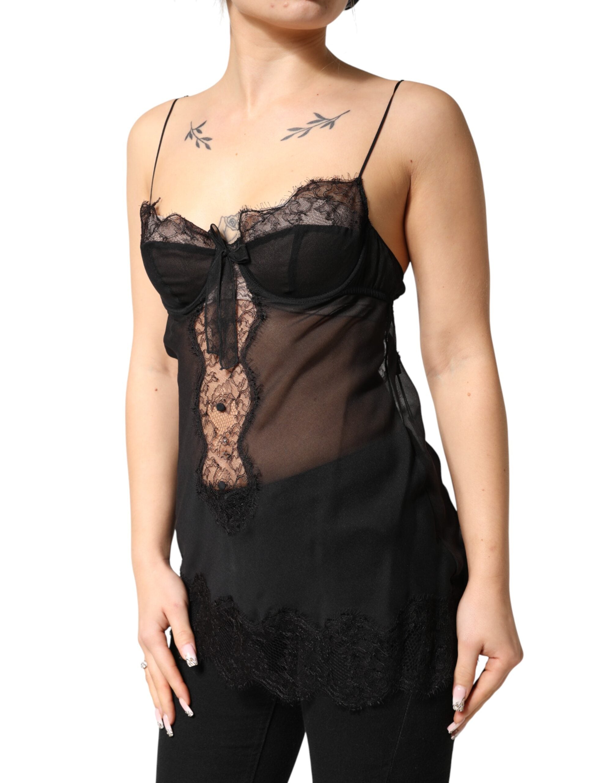 Black Silk Floral Lace Chemise Lingerie Top - ventzia